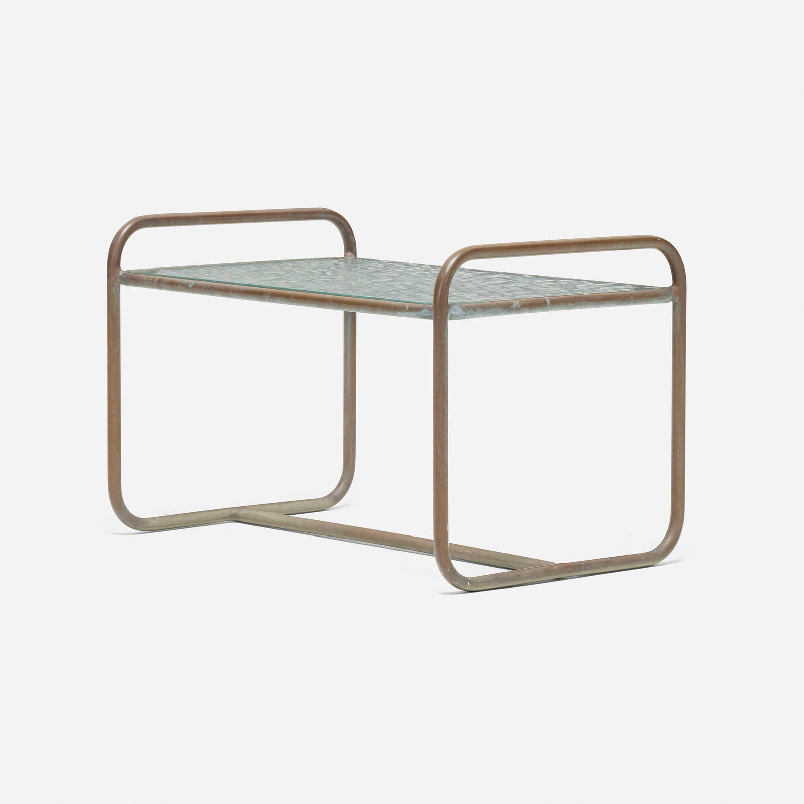 Walter Lamb, Occasional table, model BL-3700: Walter Lamb Occasional table, model BL-3700 USA, c. 1952 patinated bronze, glass 17 h x 25.25 w x 17.75 d in (43 x 64 x 45 cm) Decal manufacturer's label to underside 'Brown Jordan