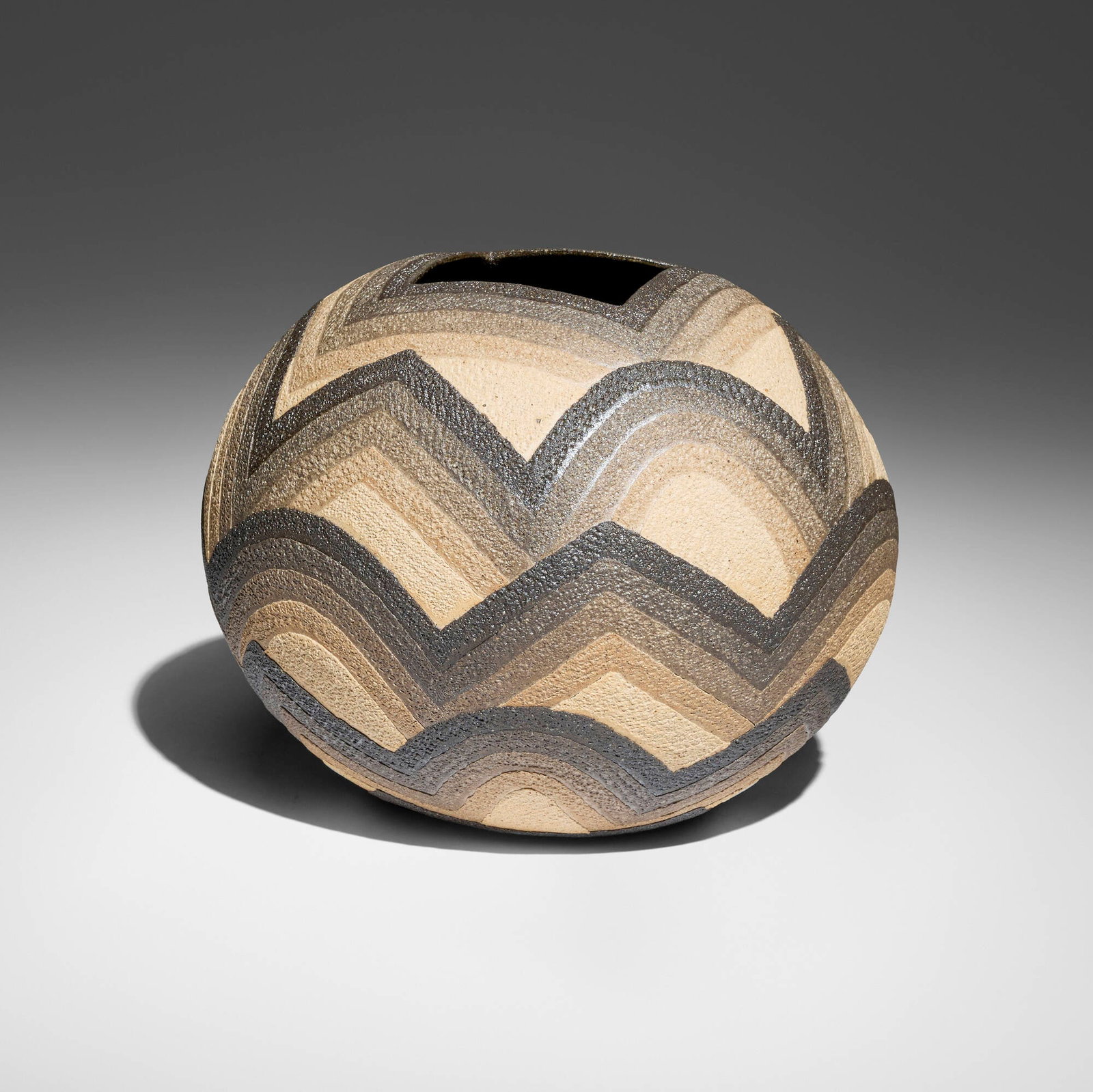 Ken Mihara, Vessel with Wind-Wave Pattern: Ken Mihara Vessel with Wind-Wave Pattern fired stoneware 7.5 h x 9 w x 8 d in (19 x 23 x 20 cm) Artist's chop mark to underside. Sold with original signed artist's box (tomobako).