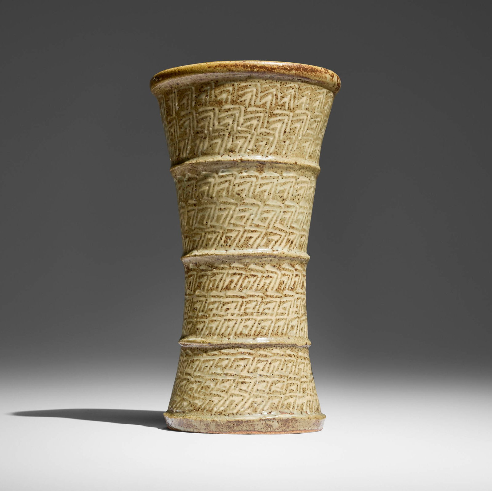 Shimaoka Tatsuzo, Vase: Shimaoka Tatsuzo Vase glazed Mashiko stoneware with cord-impressed inlay 10.875 h x 5.875 dia in (28 x 15 cm) Shimaoka Tatsuzo was designated a Living National Treasure by the Japanese government in