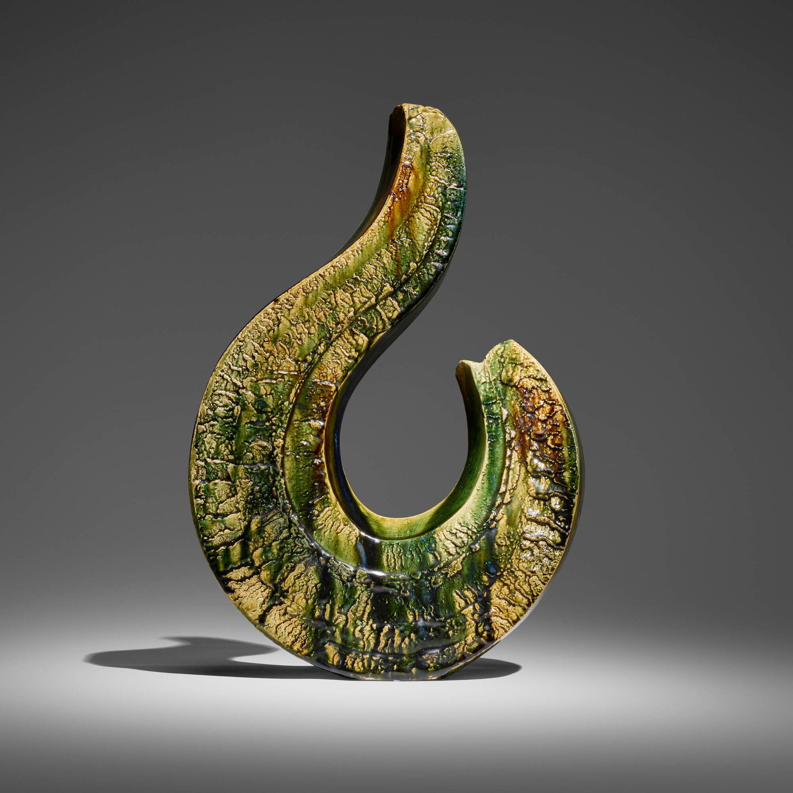 Kato Yasukage XIV, Oribe hook vase: Kato Yasukage XIV Oribe hook vase glazed stoneware 25.5 h x 17.5 w x 5 d in (65 x 44 x 13 cm) Artist's stamp to label on underside. Sold with original wood box (tomobako). T