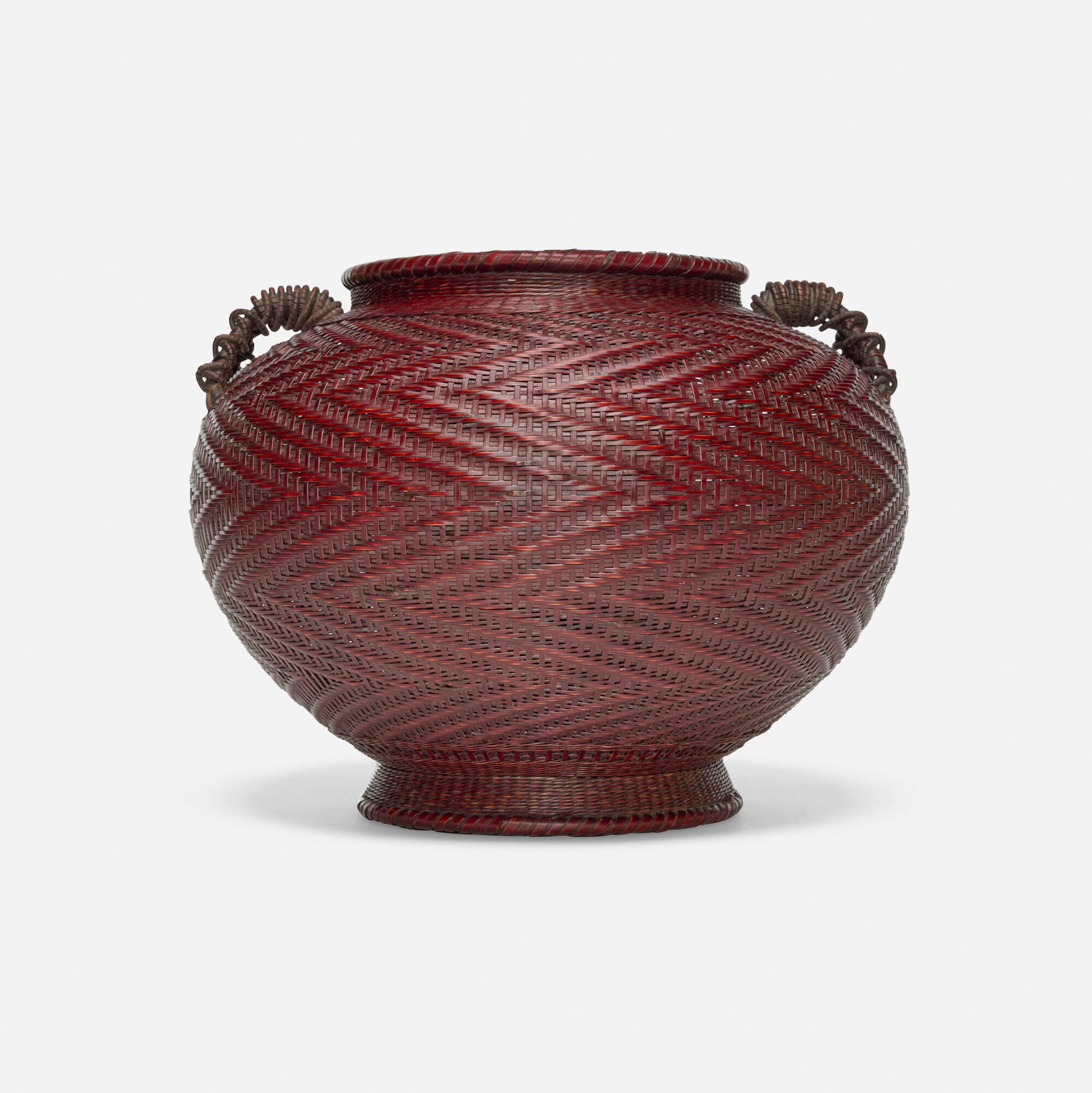 Watanabe Chikusei, Untitled (Flower Basket): Watanabe Chikusei Untitled (Flower Basket) bamboo, rattan, lacquer, copper 9.5 h x 11.5 dia in (24 x 29 cm) Incised signature in kanji to underside. Sold with original ikebana vase insert and signed