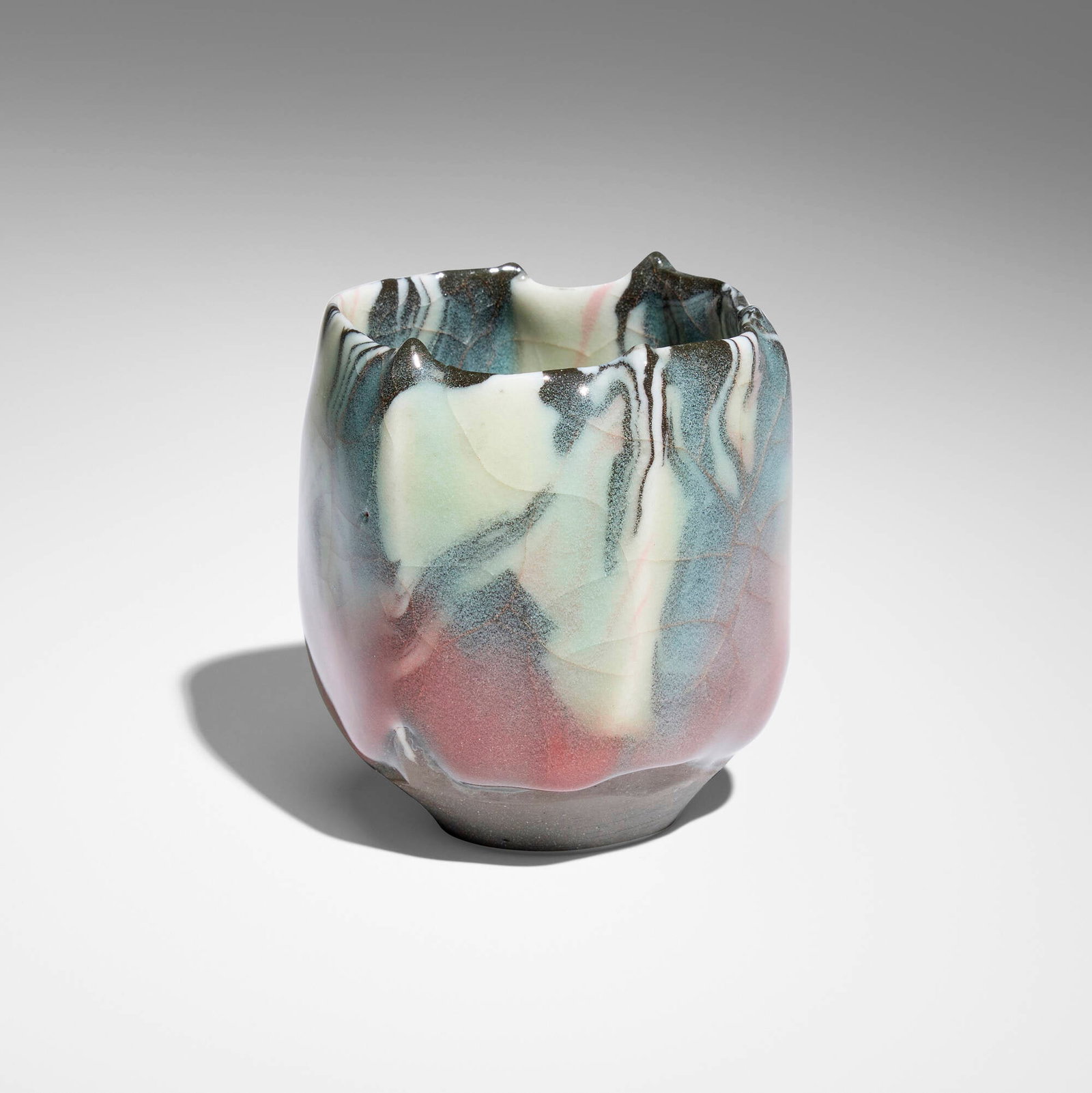 Kei Wakao, Guinomi (sake cup): Kei Wakao Guinomi (sake cup) 2022 craquelure celadon-glazed stoneware 3 h x 2.75 dia in (8 x 7 cm) Incised kanji signature to lower edge. Sold with original signed artist's box (tomobako). <