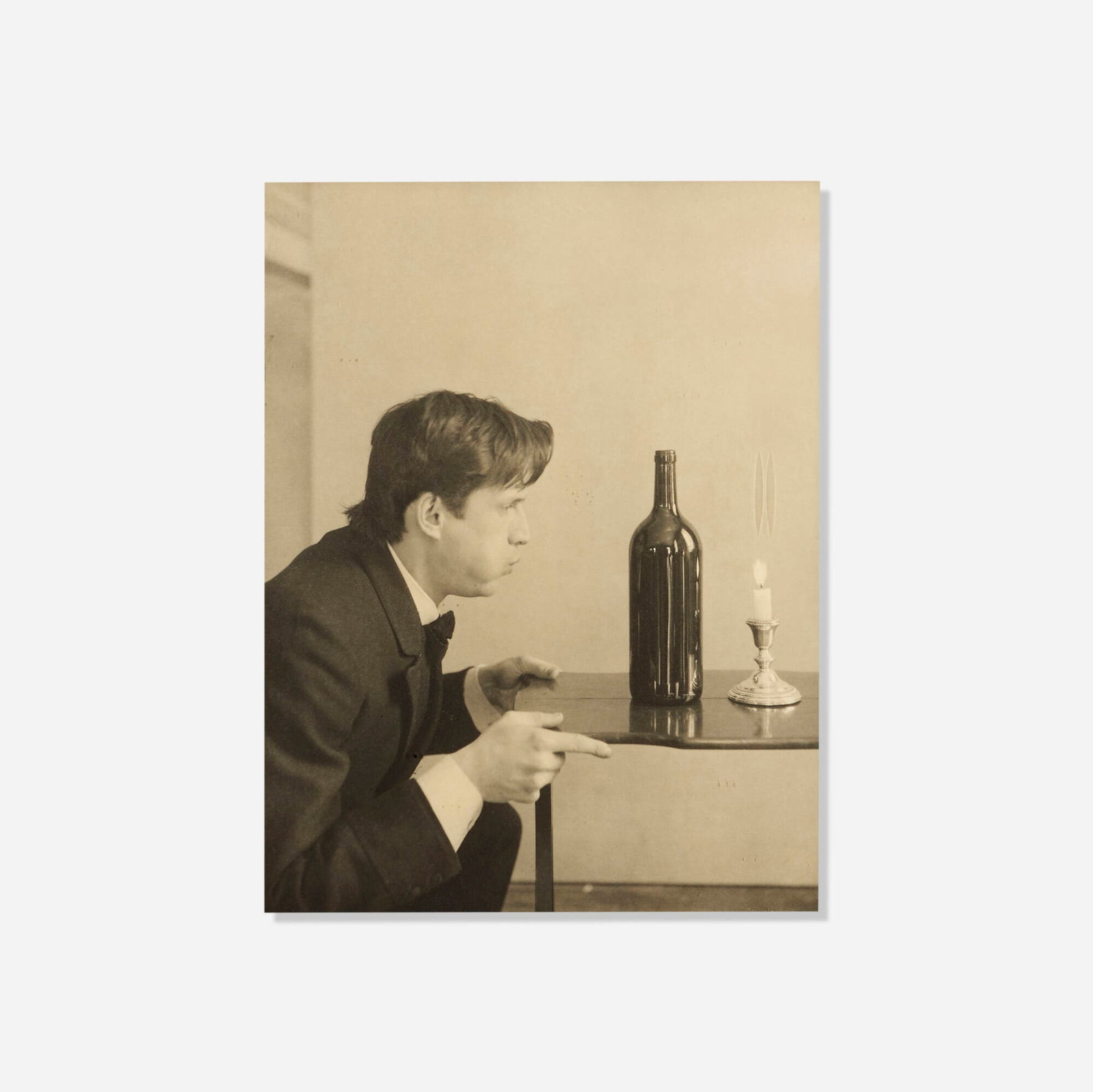 McDermott & McGough, Manner of Extinguishing a Candle Placed Behind a Bottle, 30th May 1884: McDermott & McGough Manner of Extinguishing a Candle Placed Behind a Bottle, 30th May 1884 c. 1990 palladium print in artist's frame 27 h x 23.625 w x 1.25 d in (69 x 60 x 3 cm) Titled and numb