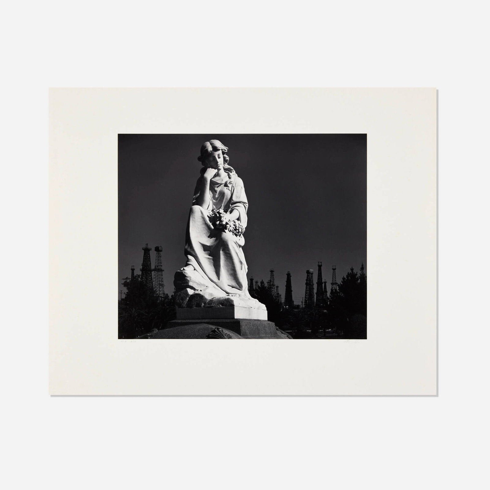 Ansel Adams, Cemetery Statue and Oil Derricks, Long Beach (Plate 8 from the Portfolio VII) (1 of 3)