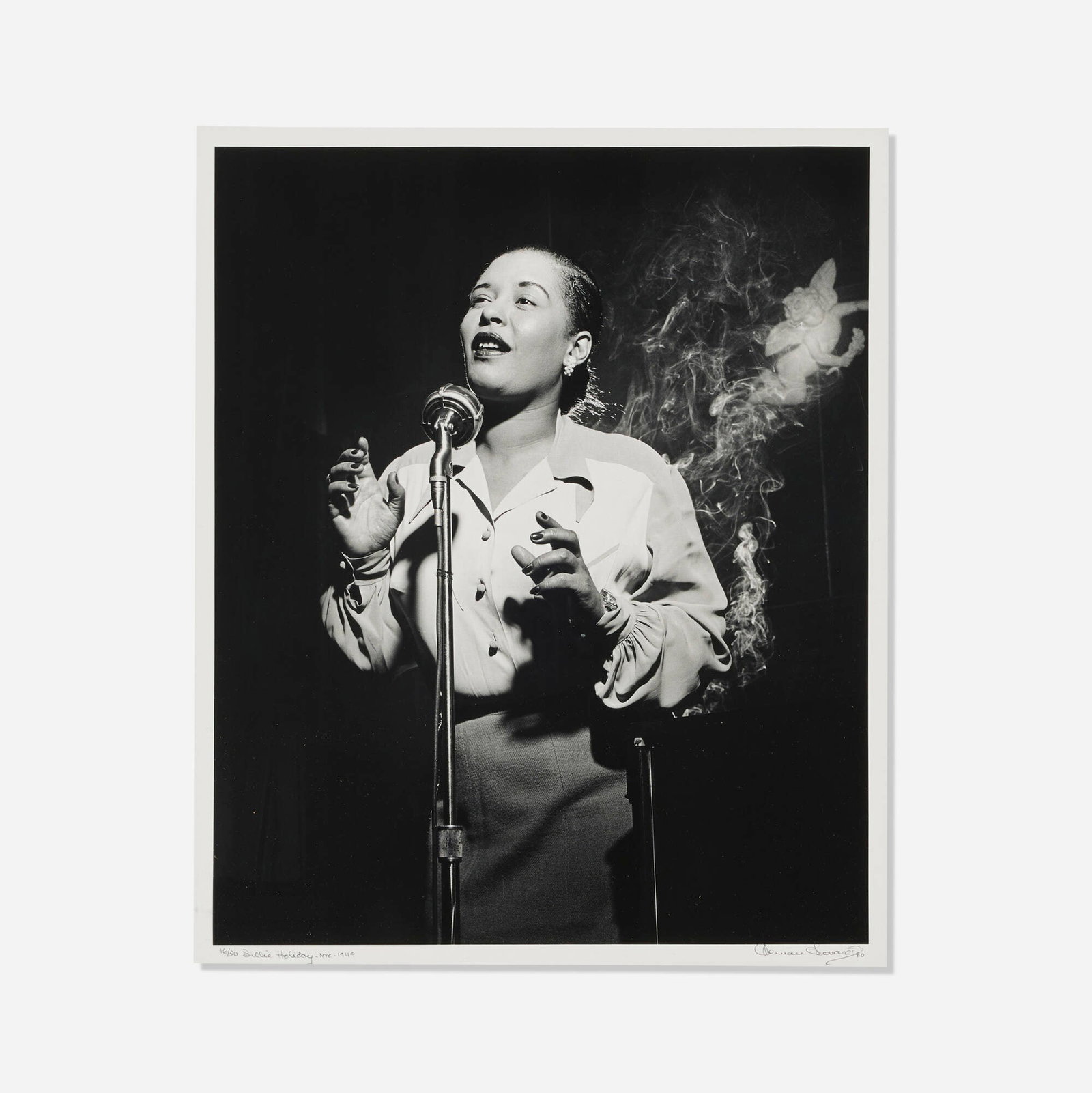Herman Leonard, Portrait of Billie Holiday: Herman Leonard Portrait of Billie Holiday 1949 / printed 1990 gelatin silver print image: 17 h x 14 w in (43 x 36 cm) sheet: 20 h x 16 w in (51 x 41 cm) Signed, titled, dated, and numbered to lower