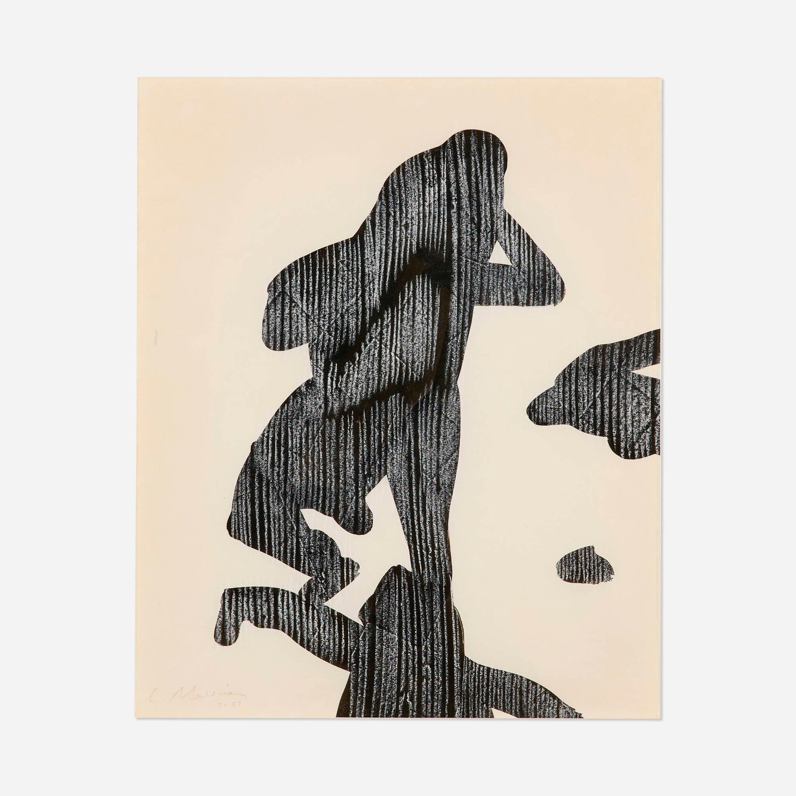 Lee Mullican, Untitled: Lee Mullican Untitled 1957 black pigment and white conte crayon on paper sight: 14.5 h x 13.5 w in (37 x 34 cm) Signed and dated to lower left 'Lee Mullican 7-57'. Provenance: Aaron Payne