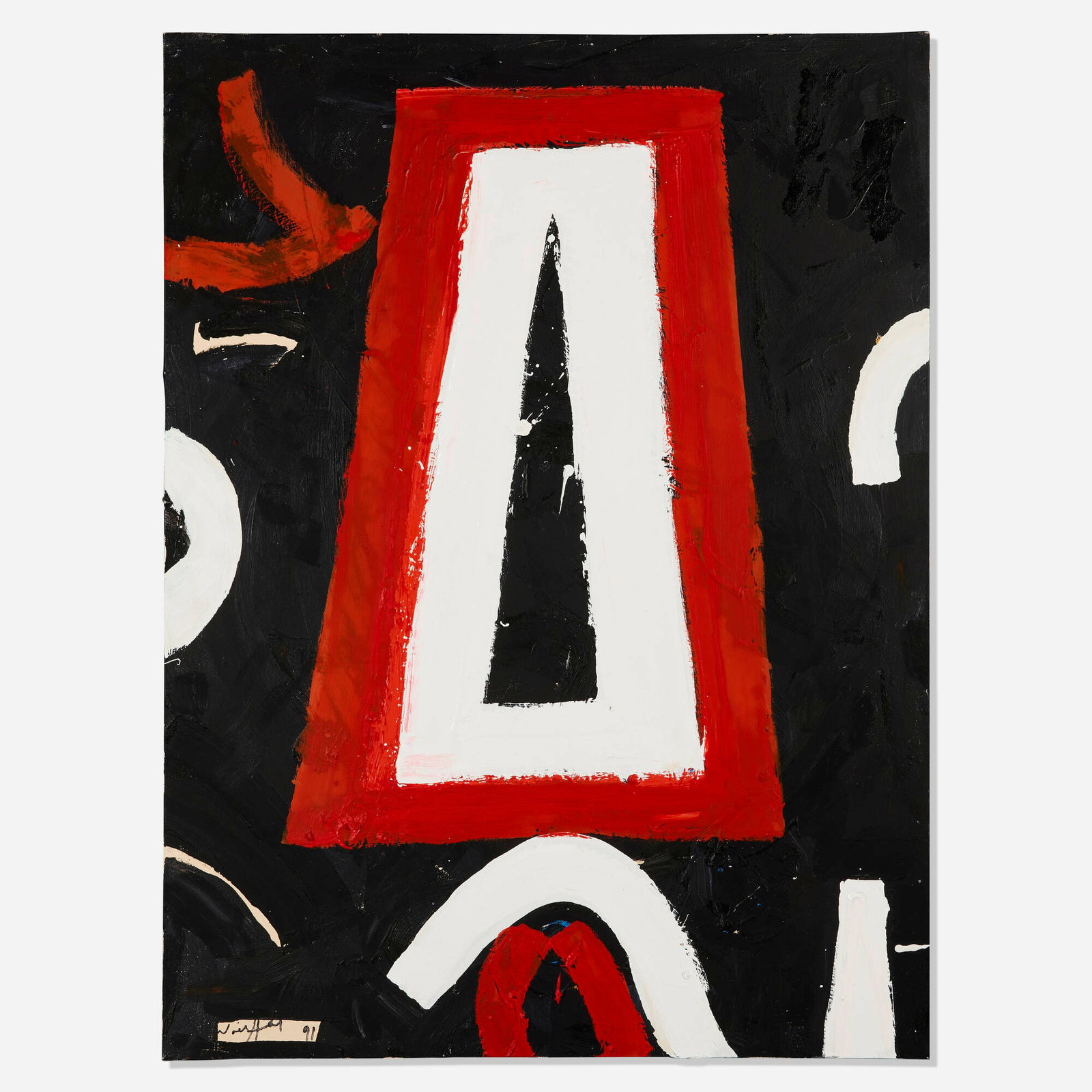 Emerson Woelffer, Open Black: Emerson Woelffer Open Black 1991-95 oil on canvas 40 h x 30 w in (102 x 76 cm) Signed and dated to lower left 'Woelffer 91'. Signed, titled and dated to verso 'Woelffer Open Black