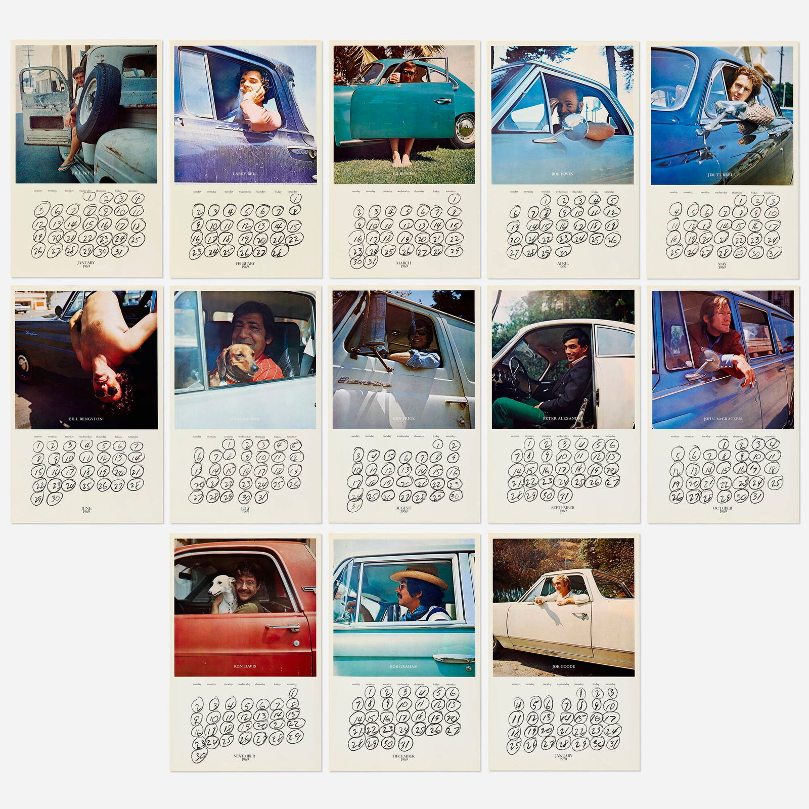 Joe Goode, LA Artists in Their Cars: Joe Goode LA Artists in Their Cars 1969-1970 offset lithograph in colors 22.25 h x 14.25 w in (57 x 36 cm) Lot is comprised of thirteen calendar pages dated January 1969 - January 1970. Signed to