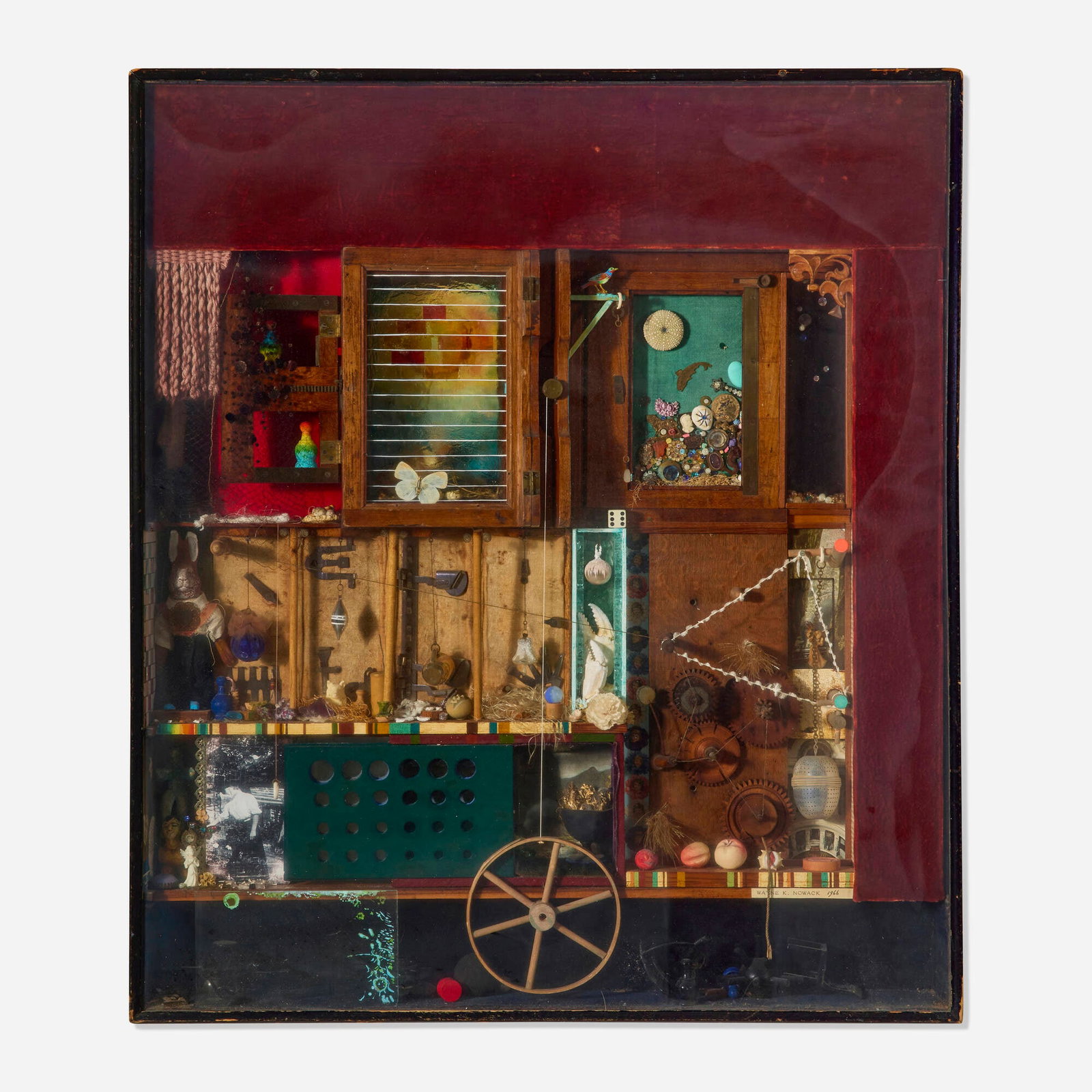 Wayne Nowack, Plan for Opening Light Into a Rational Morbidity: Wayne Nowack Plan for Opening Light Into a Rational Morbidity 1966 found objects on wood construction in artist's frame 31.25 h x 27.25 w x 3.75 d in (79 x 69 x 10 cm) Signed, titled, dated and