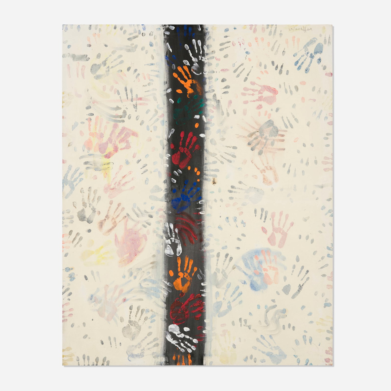 Emerson Woelffer, 300 Hands With Black Shape: Emerson Woelffer 300 Hands With Black Shape 1964 oil on canvas 72 h x 57 w in (183 x 145 cm) This work is being sold to raise scholarship funds for the Otis College of Art and Design. Signed to uppe