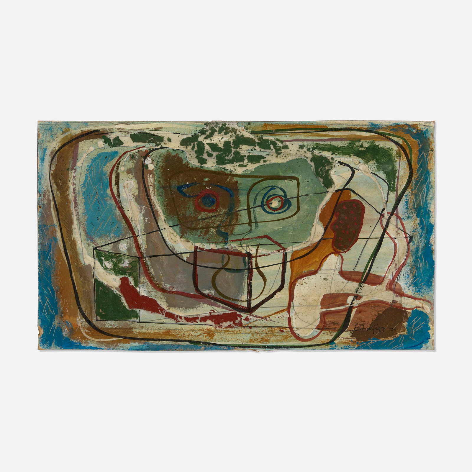 Emerson Woelffer, Untitled: Emerson Woelffer Untitled 1938 mixed media on board 10 h x 17.125 w in (25 x 43 cm) This work is being sold to raise scholarship funds for the Otis College of Art and Design. Signed and dated to