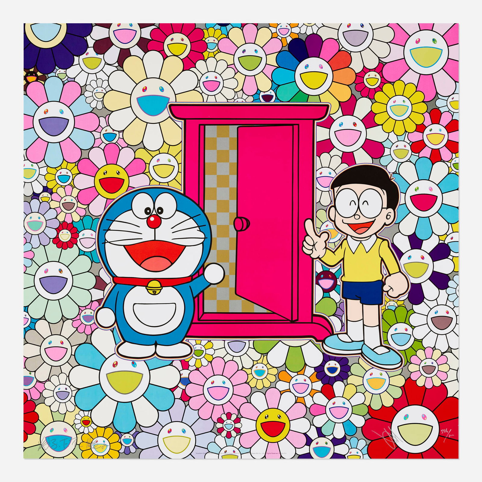 Takashi Murakami and Fujiko F. Fujio, Anywhere Door (Dokodemo Door) in the Field of Flowers: Takashi Murakami and Fujiko F. Fujio Anywhere Door (Dokodemo Door) in the Field of Flowers 2018 offset lithograph in colors 23.625 h x 23.625 w in (60 x 60 cm) Signed and numbered to lower right 'Fuji