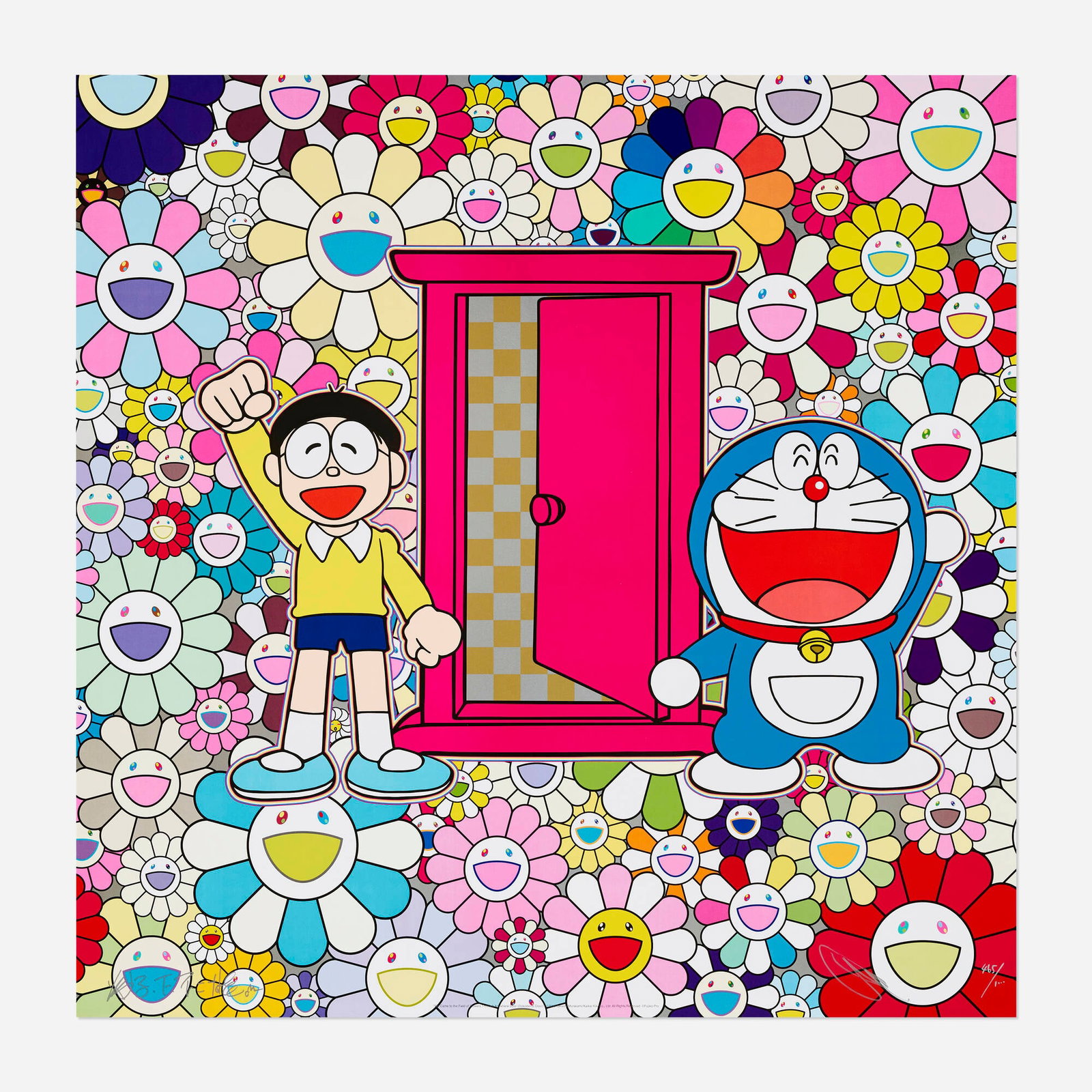Takashi Murakami and Fujiko F. Fujio, We Came to the Field of Flowers Through Anywhere Door: Takashi Murakami and Fujiko F. Fujio We Came to the Field of Flowers Through Anywhere Door (Dokodemo Door) 2018 offset lithograph in colors 23.625 h x 23.625 w in (60 x 60 cm) Signed and numbered to l