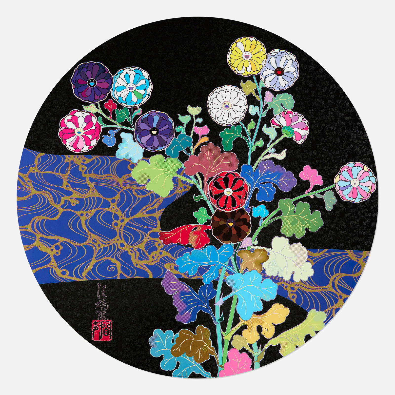 Takashi Murakami, Kyoto Korin Mononoke Flower: Takashi Murakami Kyoto Korin Mononoke Flower 2023-24 offset lithograph in colors 28 dia in (71 cm) Signed and numbered to lower right 'Takashi Murakami 111/300'. This work is number 111 from the editi