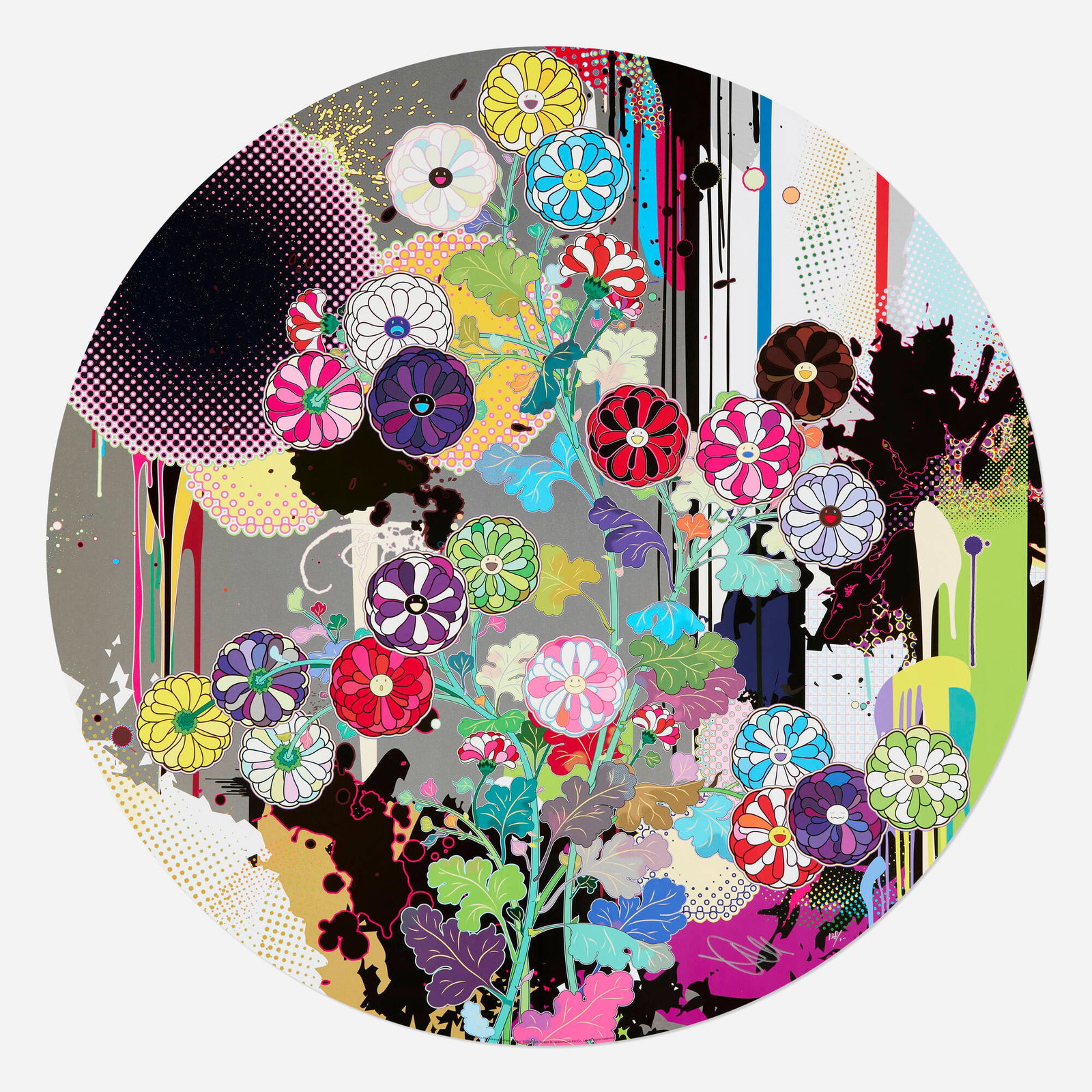 Takashi Murakami, Korin's Flowers and Abstract Imagery: Takashi Murakami Korin's Flowers and Abstract Imagery 2023-24 offset lithograph in colors 27.875 dia in (71 cm) Signed and numbered to lower right 'Murakami 138/300'. This work is number 138 from the 