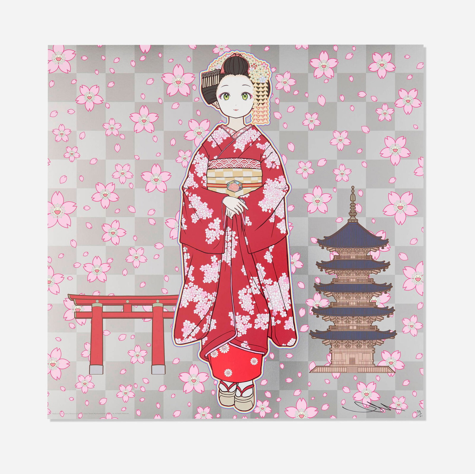 Takashi Murakami, Maiko of Kyoto, Cherry Blossoms on Red (1 of 3)