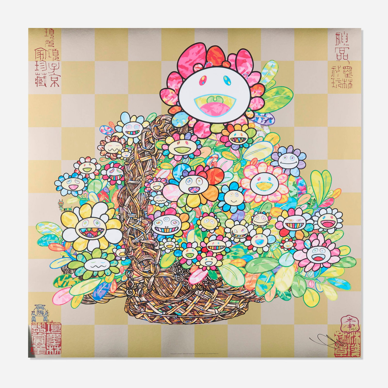 Takashi Murakami, Bouquet in a Basket: Takashi Murakami Bouquet in a Basket 2023-24 offset lithograph in colors 23.75 h x 23.75 w in (60 x 60 cm) Signed and numbered to lower right 'Takashi Murakami 213/300'. This work is number 213 from t