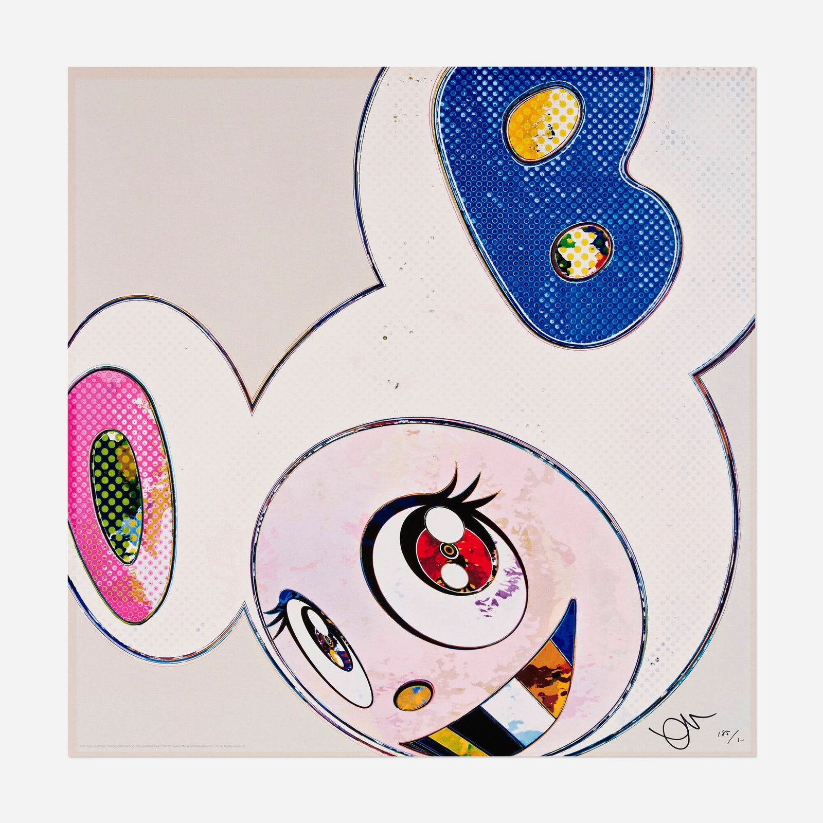 Takashi Murakami, And Then x 6 (White: The Superflat Method, Pink and Blue Ears): Takashi Murakami And Then x 6 (White: The Superflat Method, Pink and Blue Ears) 2013 offset lithograph in colors 19.5 h x 19.5 w in (50 x 50 cm) Signed and numbered to lower right 'Takashi Murakami 18
