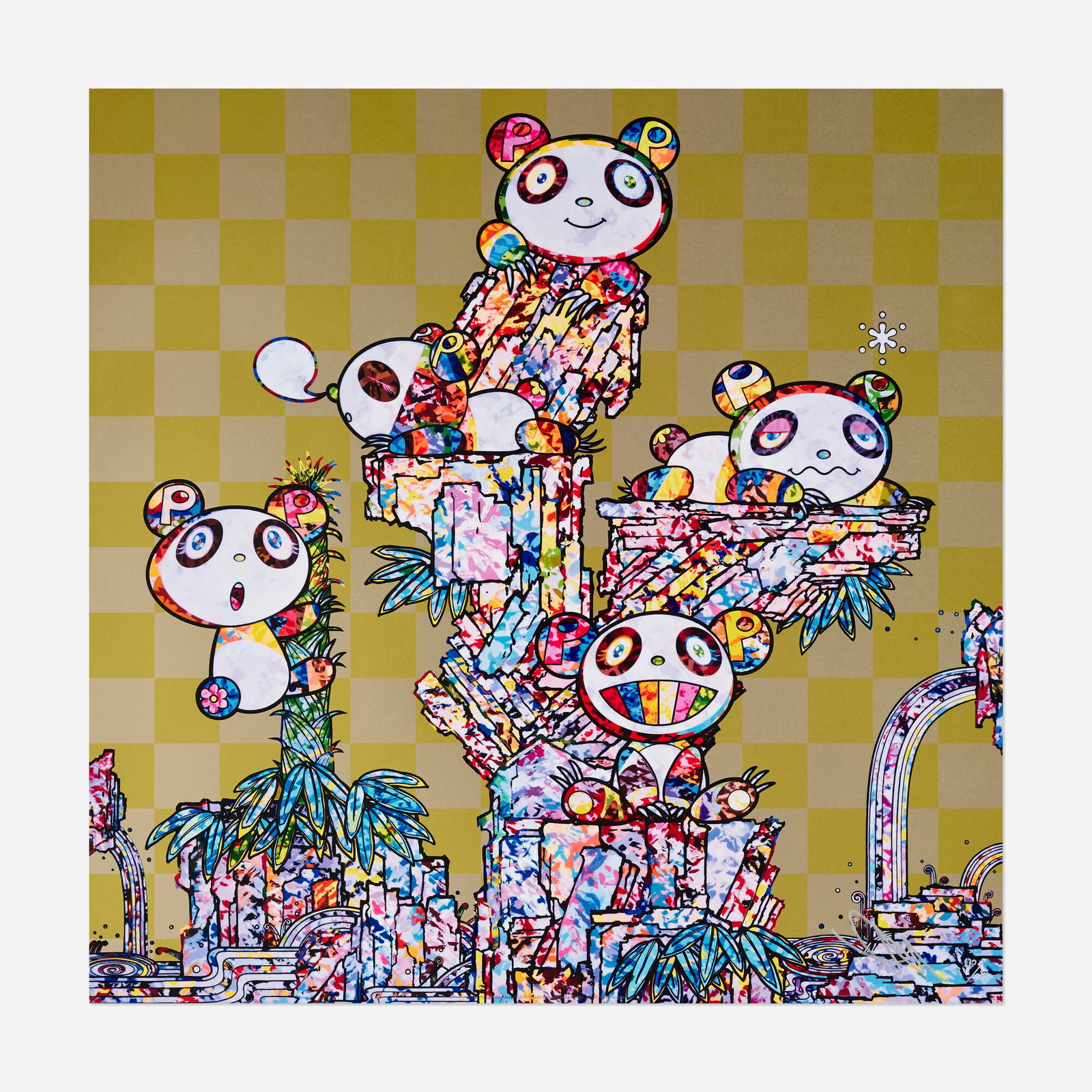 Takashi Murakami, Pandas Panda Cubs Pandas: Takashi Murakami Pandas Panda Cubs Pandas 2019 offset lithograph in colors 19.625 h x 19.625 w in (50 x 50 cm) Signed and numbered to lower right 'Takashi Murakami 130/300'. This work is num