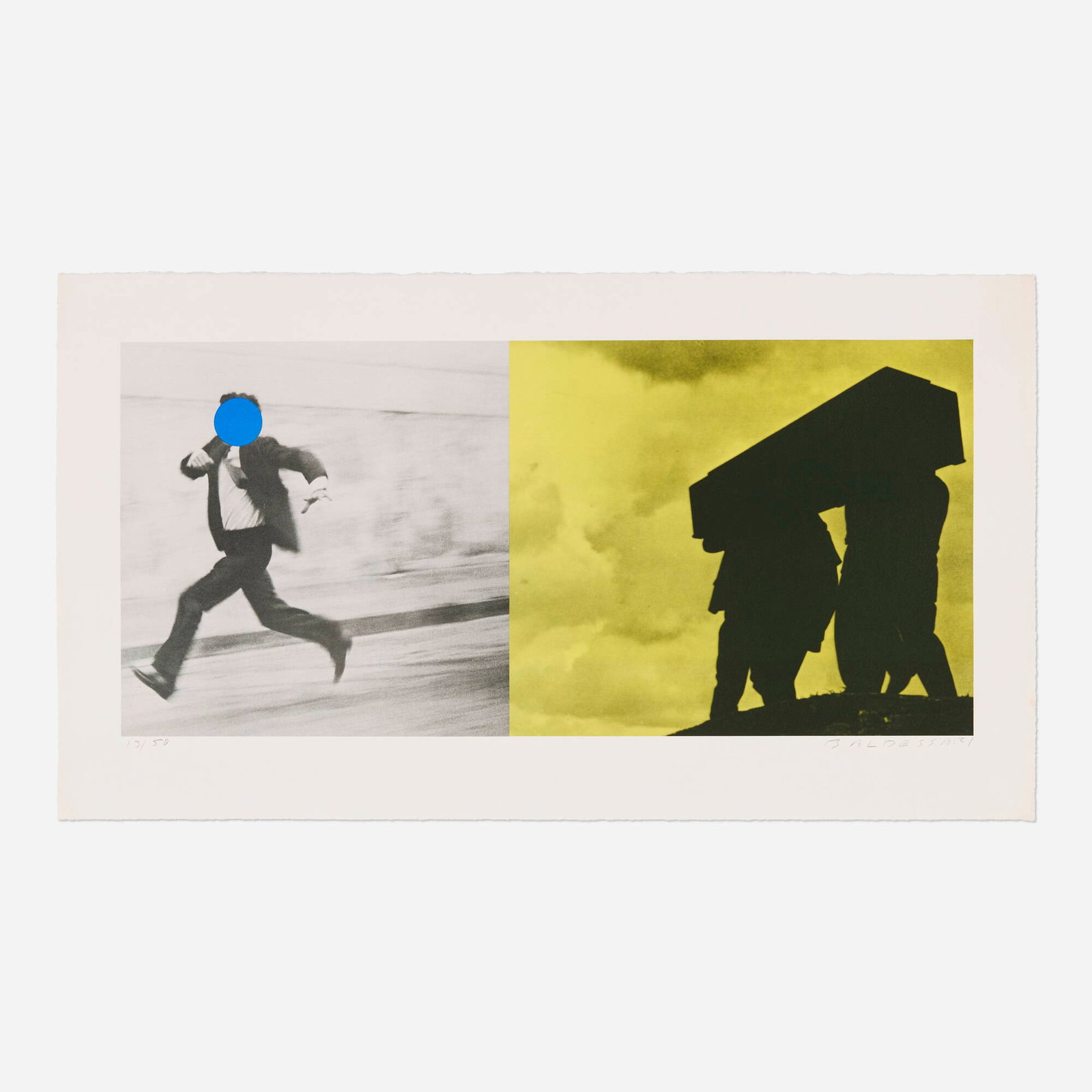 John Baldessari, Man Running; Men Carrying Coffin (Fly for my life): John Baldessari Man Running; Men Carrying Coffin (Fly for my life) (from A Suite of Five Lithographs for Tristram Shandy) 1988 lithograph in colors on T.H. Saunders Waterford image: 12 h x 25.75 w in