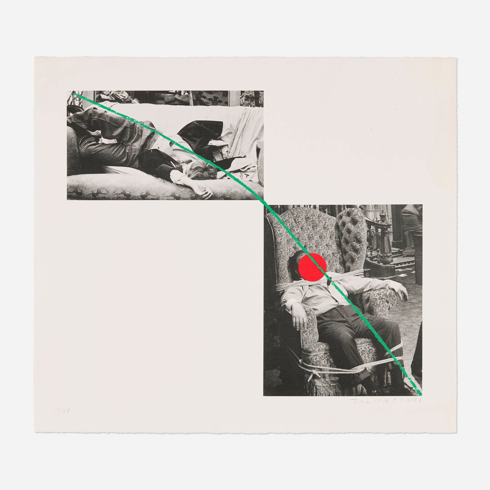 John Baldessari, Man Collapsed on Sofa; Man Tied to Chair (A fix'd inflexible sorrow): John Baldessari Man Collapsed on Sofa; Man Tied to Chair (A fix'd inflexible sorrow) (from A Suite of Five Lithographs for Tristram Shandy) 1988 lithograph in colors on T.H. Saunders Waterford image: