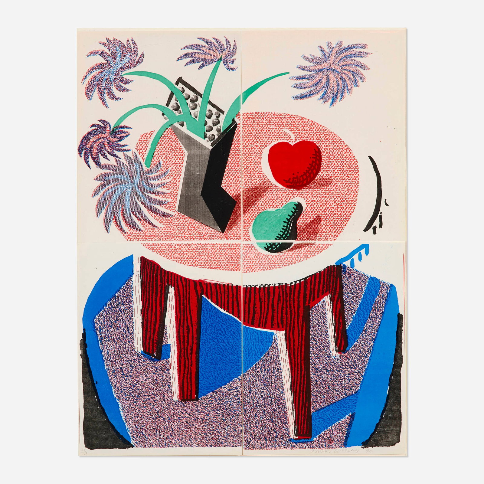 David Hockney, Flowers, Apple and Pear on a Table: David Hockney Flowers, Apple and Pear on a Table 1986 Xerox copy in colors on four sheets hinged to Arches 22 h x 17 w in (56 x 43 cm) Signed, dated, and numbered to lower edge '33/59 David