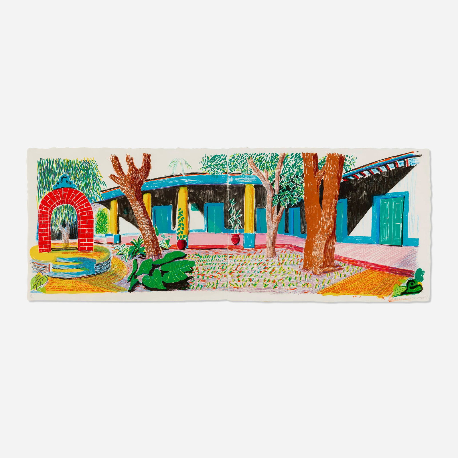 David Hockney, Hotel Acatlan: Second Day (from the Moving Focus series): David Hockney Hotel Acatlan: Second Day (from the Moving Focus series) 1984-85 lithograph in colors on two sheets of TGL handmade image: 26.5 h x 74 w in (67 x 188 cm) sheet: 28.75 h x 75.75 w in (73