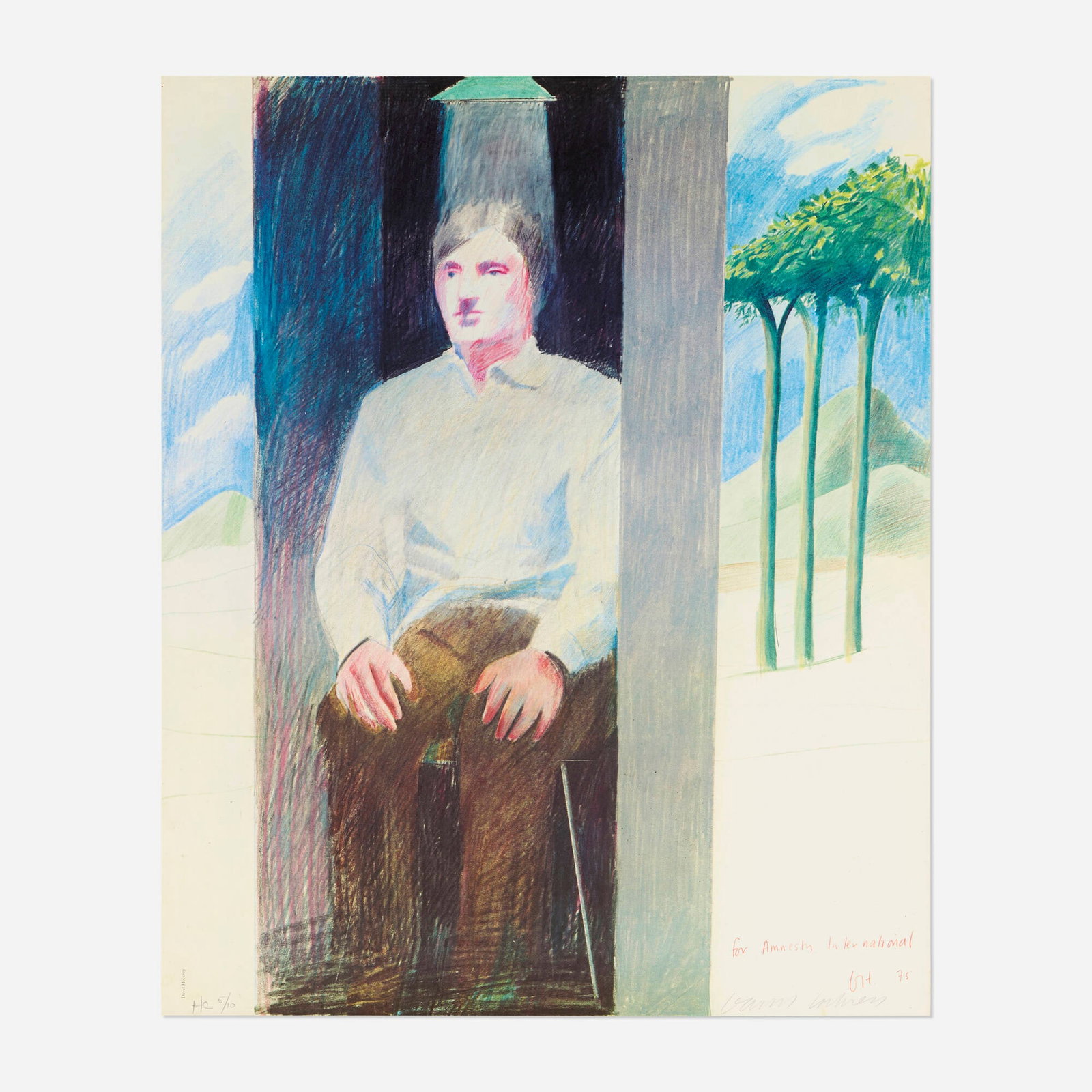 David Hockney, Prisoner, for Amnesty International: David Hockney Prisoner, for Amnesty International 1975 / 1977 offset lithograph in colors 29 h x 23.75 w in (74 x 60 cm) Proceeds from this sale will benefit The Kota Alliance, a women centered
