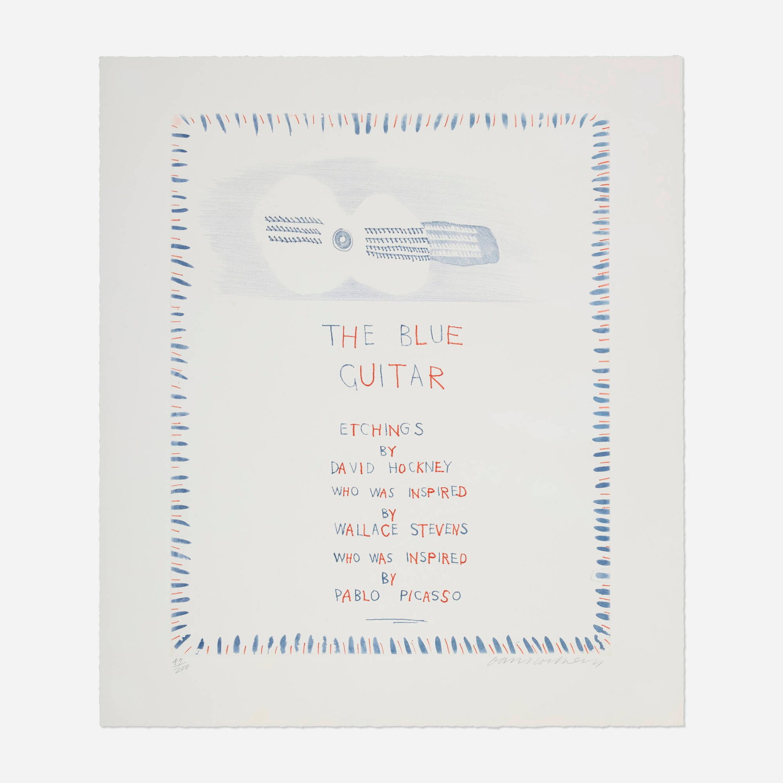 David Hockney, One work (from the The Blue Guitar portfolio): David Hockney One work (from the The Blue Guitar portfolio) 1976-77 etching and aquatint in colors on Inveresk mould-made image: 16.5 h x 13.5 w in (42 x 34 cm) sheet: 20.625 h x 18 w in (52 x 46 cm)