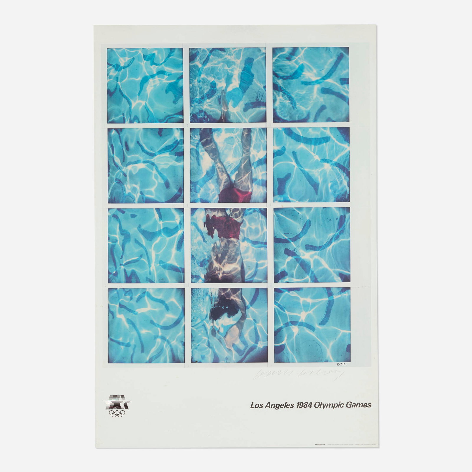 David Hockney, Polaroids of Swimmer, Los Angeles 1984 Olympic Games: David Hockney Polaroids of Swimmer, Los Angeles 1984 Olympic Games 1982 offset lithograph in colors image: 27.5 h x 23 w in (70 x 58 cm) sheet: 36 h x 24 w in (91 x 61 cm) Signed to lower right