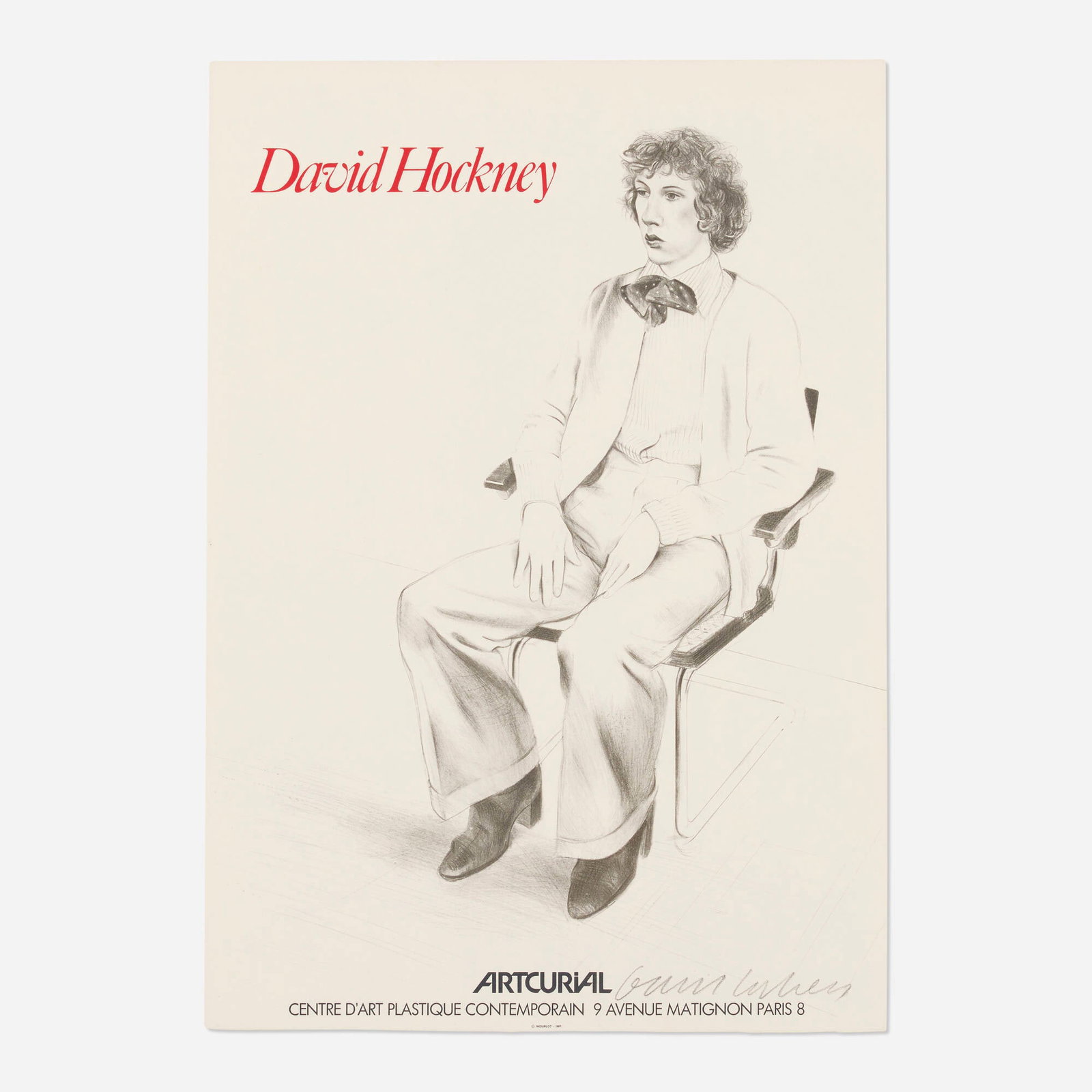 David Hockney, Portrait of Gregory Evans (Artcurial poster): David Hockney Portrait of Gregory Evans (Artcurial poster) 1979 lithograph in colors 29.75 h x 21 w in (76 x 53 cm) Signed to lower edge 'David Hockney' with publisher's blindstamp.