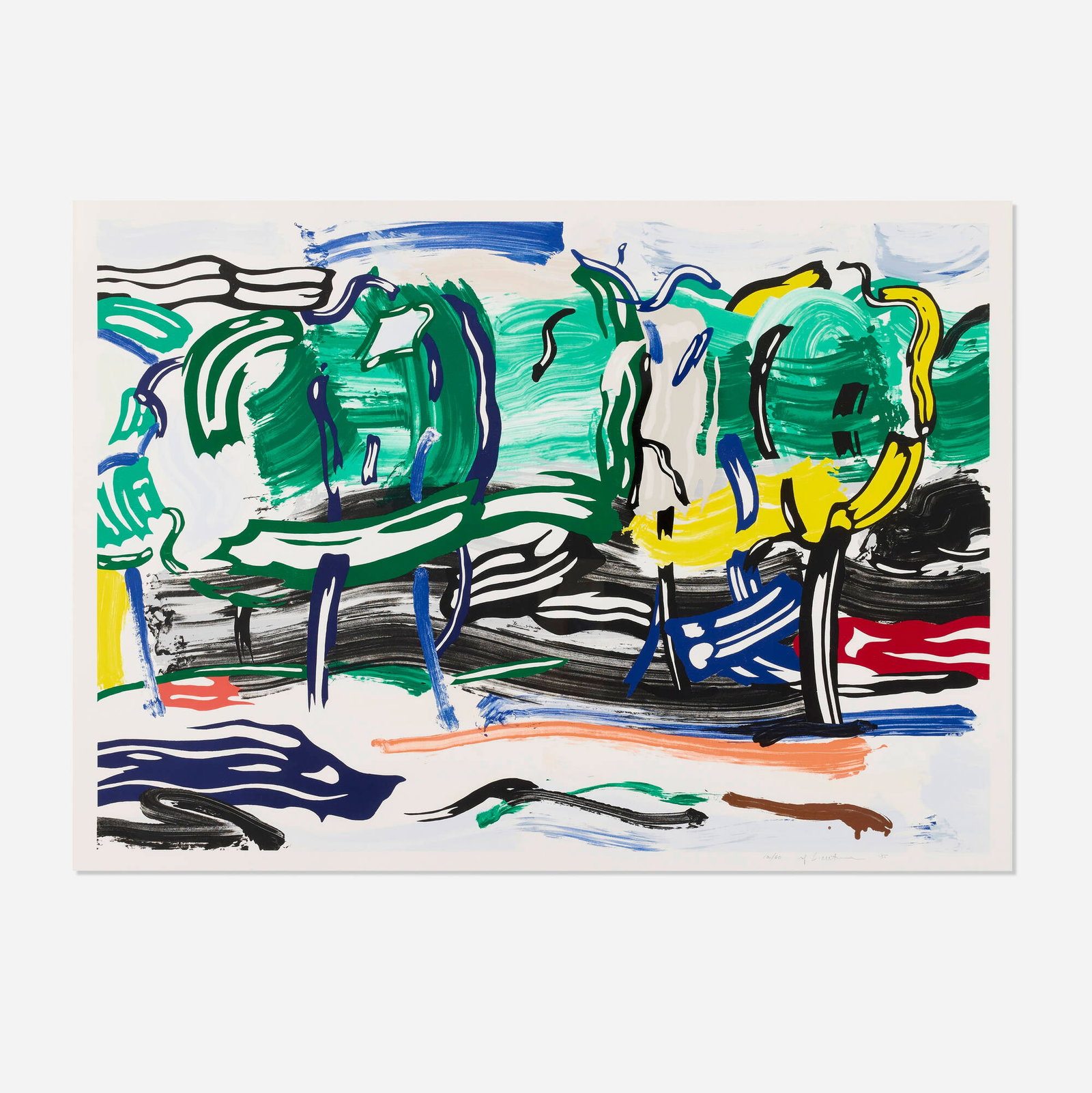 Roy Lichtenstein, Road Before the Forest (from the Landscapes series): Roy Lichtenstein Road Before the Forest (from the Landscapes series) 1985 lithograph, woodcut and screenprint in colors on Arches 88 image: 37 h x 52.25 w in (94 x 133 cm) sheet: 40.125 h x 55.25 w