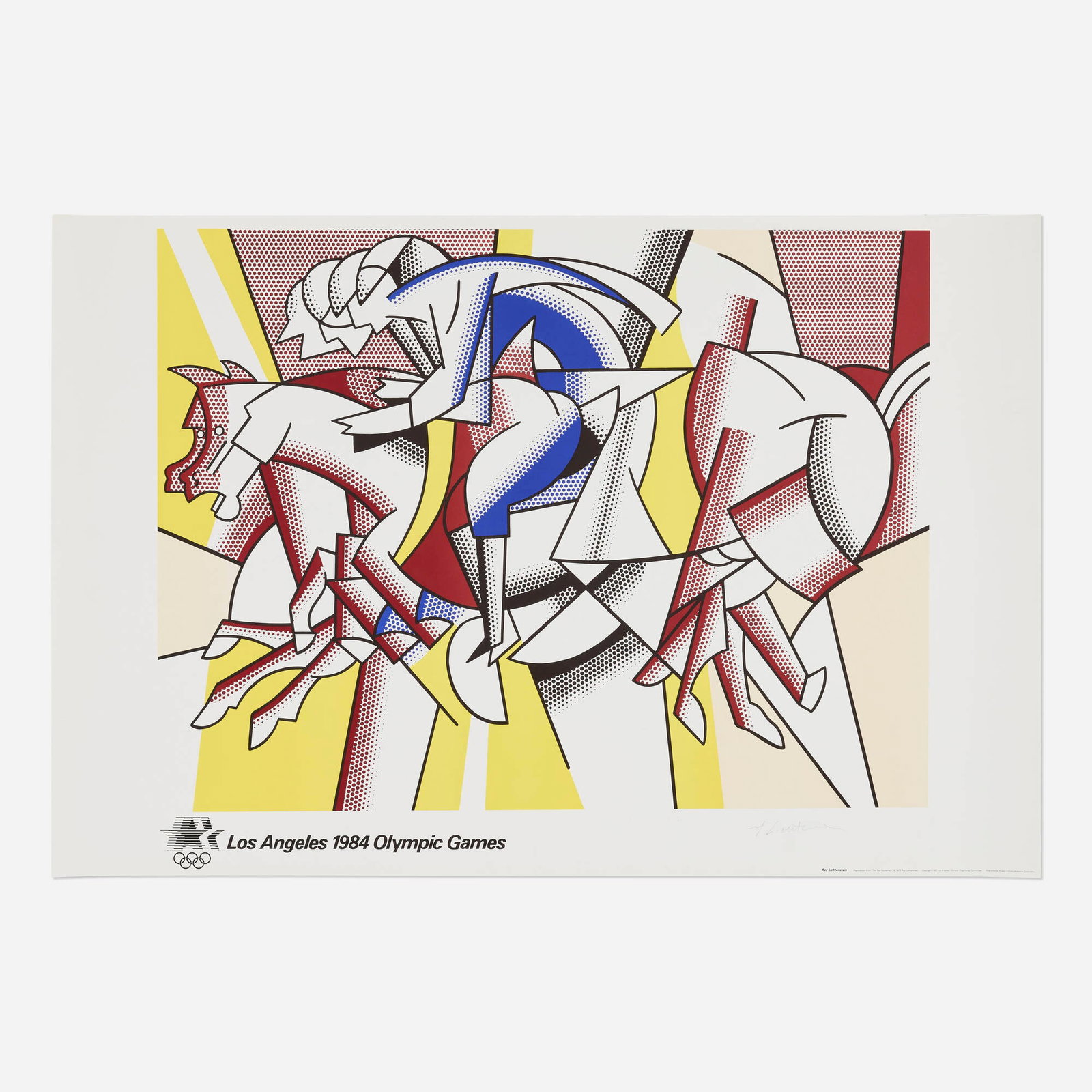 Roy Lichtenstein, Los Angeles Olympic Games 1984 poster (The Red Horseman): Roy Lichtenstein Los Angeles Olympic Games 1984 poster (The Red Horseman) 1984 offset lithograph in colors image: 21.125 h x 28 w in (54 x 71 cm) sheet: 24.125 h x 36 w in (61 x 91 cm) Signed to