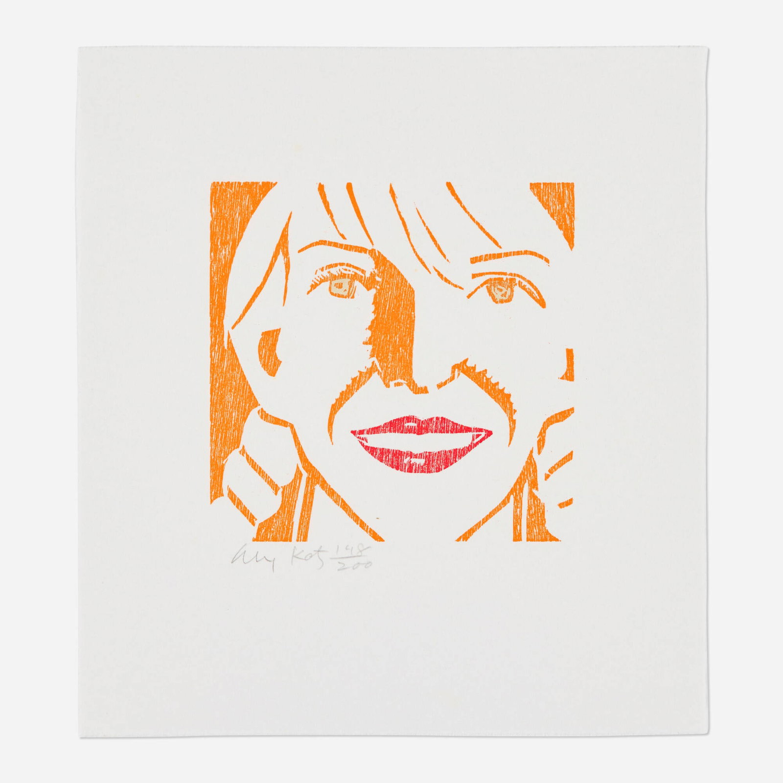 Alex Katz, Jessica: Alex Katz Jessica 1994 woodcut in colors on Hosho image: 7.125 h x 7 w in (18 x 18 cm) sheet: 13.5 h x 12.25 w in (34 x 31 cm) Signed and numbered to lower edge 'Alex Katz 148/200'. This