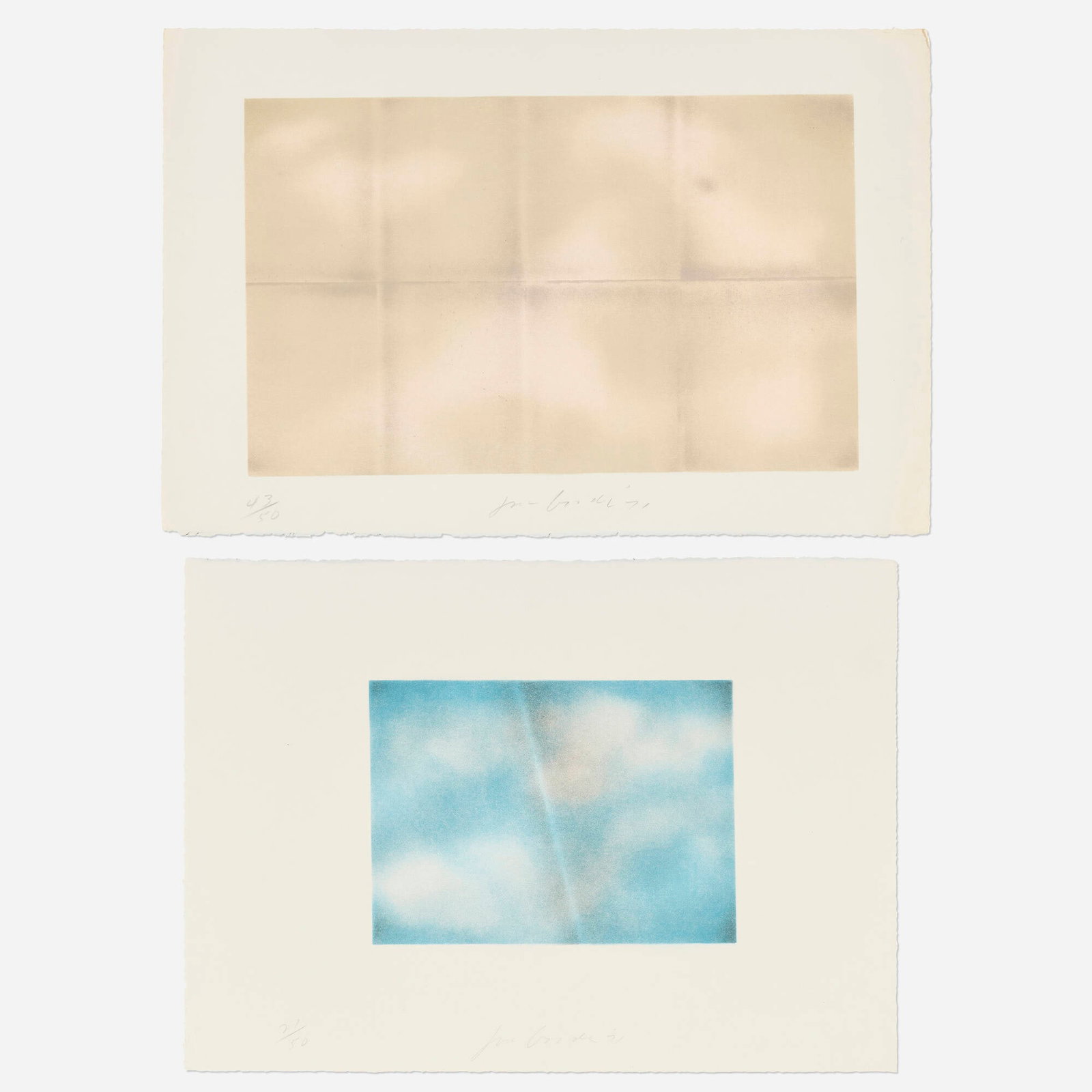 Joe Goode, Grey Folded Clouds - II Blue and White; III Pink and Green (two works): Joe Goode Grey Folded Clouds - II Blue and White; Grey Folded Clouds - III Pink and Green (two works) 1971 lithograph in colors on J.B. Green 15.25 h x 23.25 w in (39 x 59 cm) 15.5 h x 21.5 w in (39