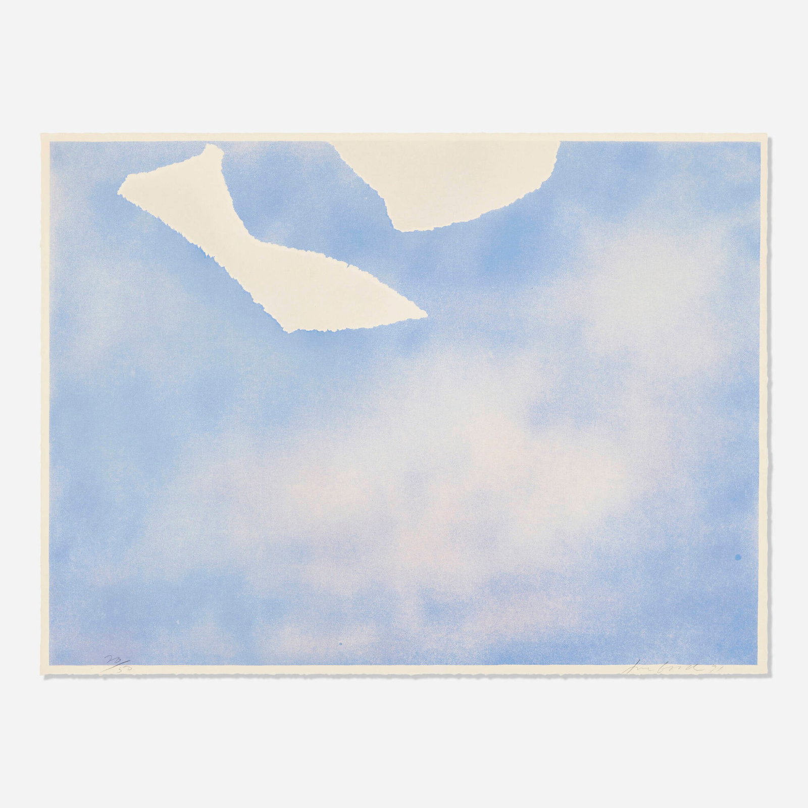 Joe Goode, Untitled (White Paper Clouds): Joe Goode Untitled (White Paper Clouds) 1971 lithograph in colors image: 17.5 h x 23.5 w in (44 x 60 cm) sheet: 18 h x 24 w in (46 x 61 cm) Signed, dated, and numbered to lower edge '20/50 Joe