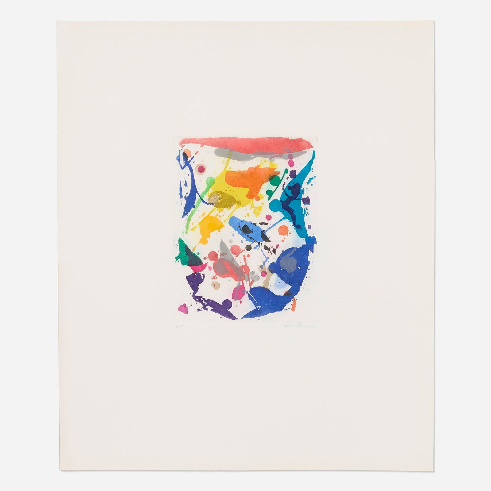 Sam Francis, Untitled (SFE-044): Sam Francis Untitled (SFE-044) 1987 etching and aquatint in colors on BFK Rives image: 8.5 h x 6.75 w in (22 x 17 cm) sheet: 21.25 h x 17.5 w in (54 x 44 cm) Signed and numbered 'BAT Sam Francis&
