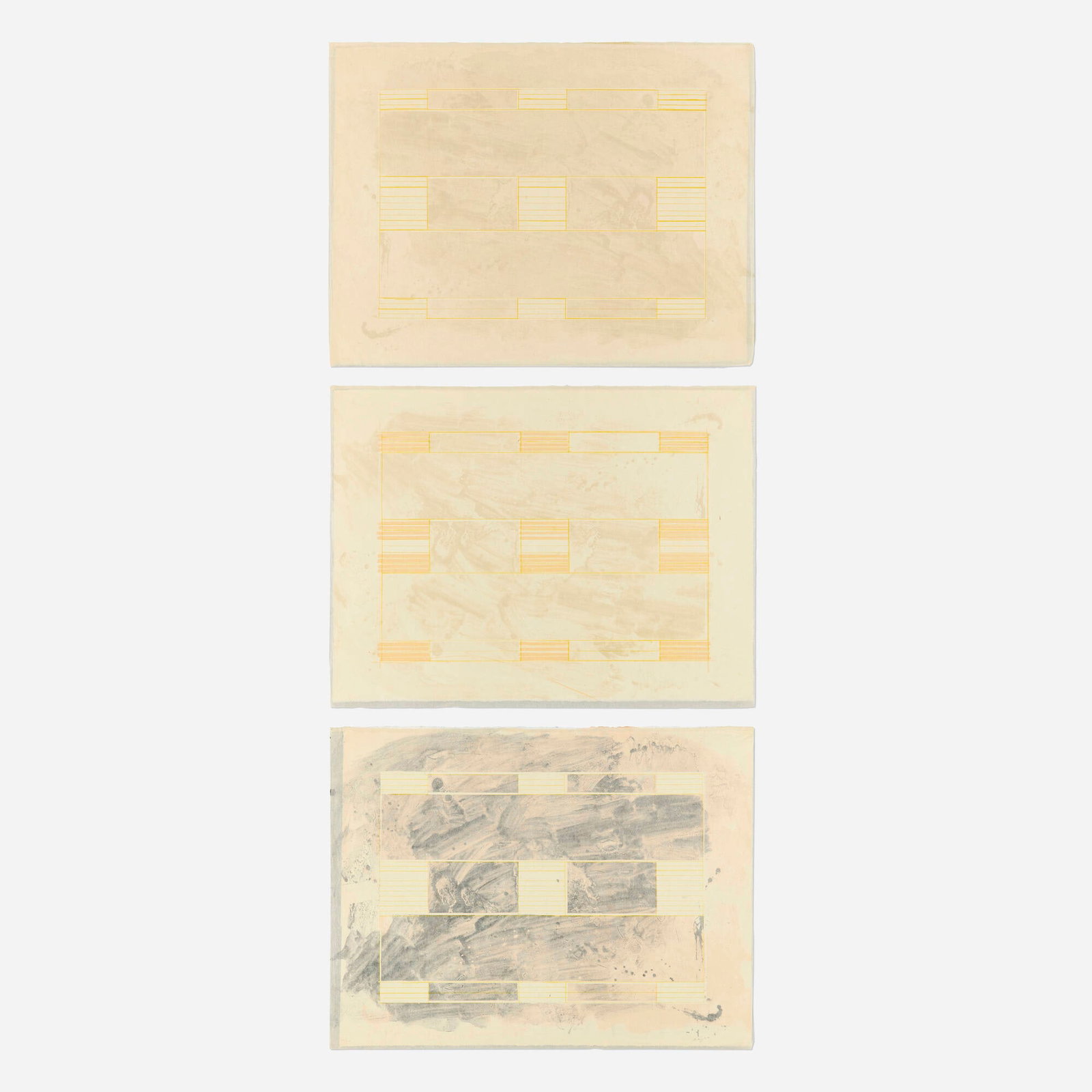 Ed Moses, Three works (from the London Series): Ed Moses Three works (from the London Series) 1972 lithograph in colors on A.T. tissue and wove paper 24 h x 31 w in (61 x 79 cm) Signed, dated and numbered to lower edge of each work '4/50 EMz