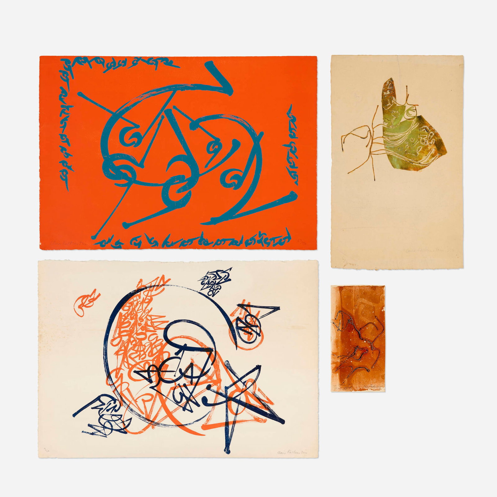 Claire Falkenstein, Untitled; Untitled (Object Gravure) (four works): Claire Falkenstein Untitled; Untitled (Object Gravure) (four works) c. 1953-1971 collograph in colors on handmade paper; screenprint in colors largest: 19.75 h x 27.875 w in (50 x 71 cm) smallest: