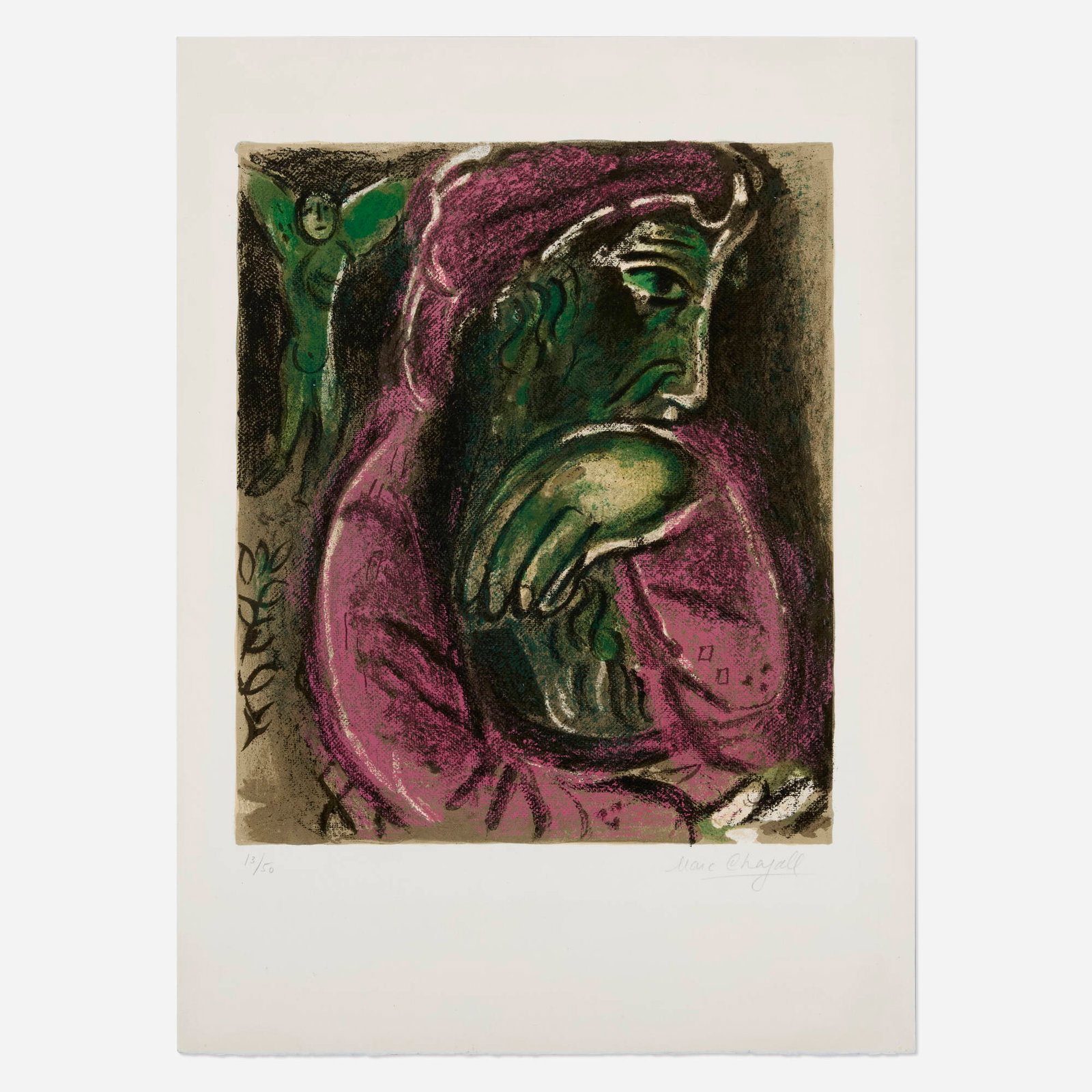 Marc Chagall, Job in Despair (for Verve Vol. X, No. 37-38): Marc Chagall Job in Despair (for Verve Vol. X, No. 37-38) 1960 lithograph in colors on Arches image: 14.25 h x 12.125 w in (36 x 31 cm) sheet: 20.625 h x 15 w in (52 x 38 cm) Signed and numbered to