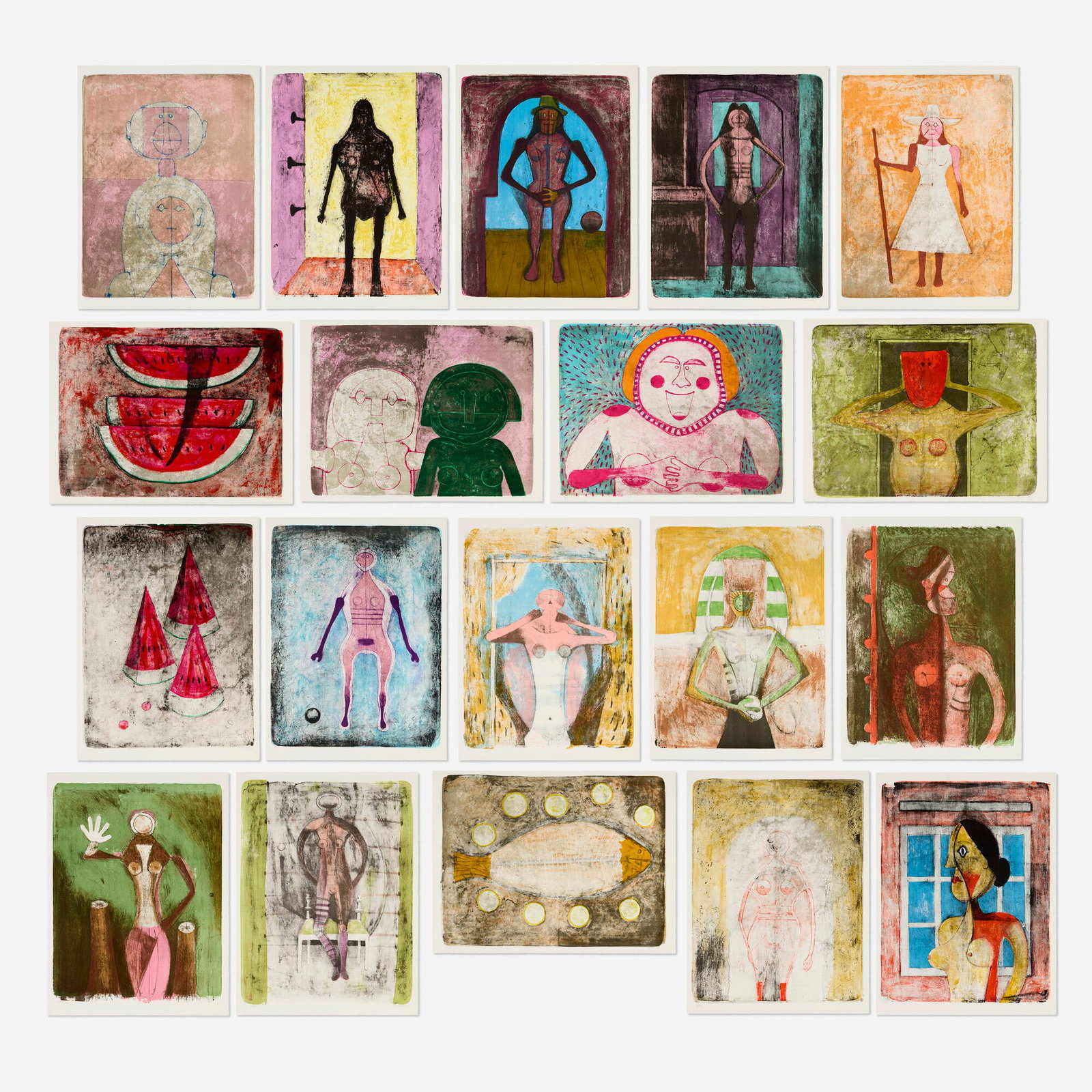 Rufino Tamayo, Nineteen works (from the Mujeres portfolio): Rufino Tamayo Nineteen works (from the Mujeres portfolio) 1969 lithograph in colors on BFK Rives sheet: 22.5 h x 30 w in (57 x 76 cm) sheet: 30 h x 22.5 w in (76 x 57 cm) Signed and numbered to lower