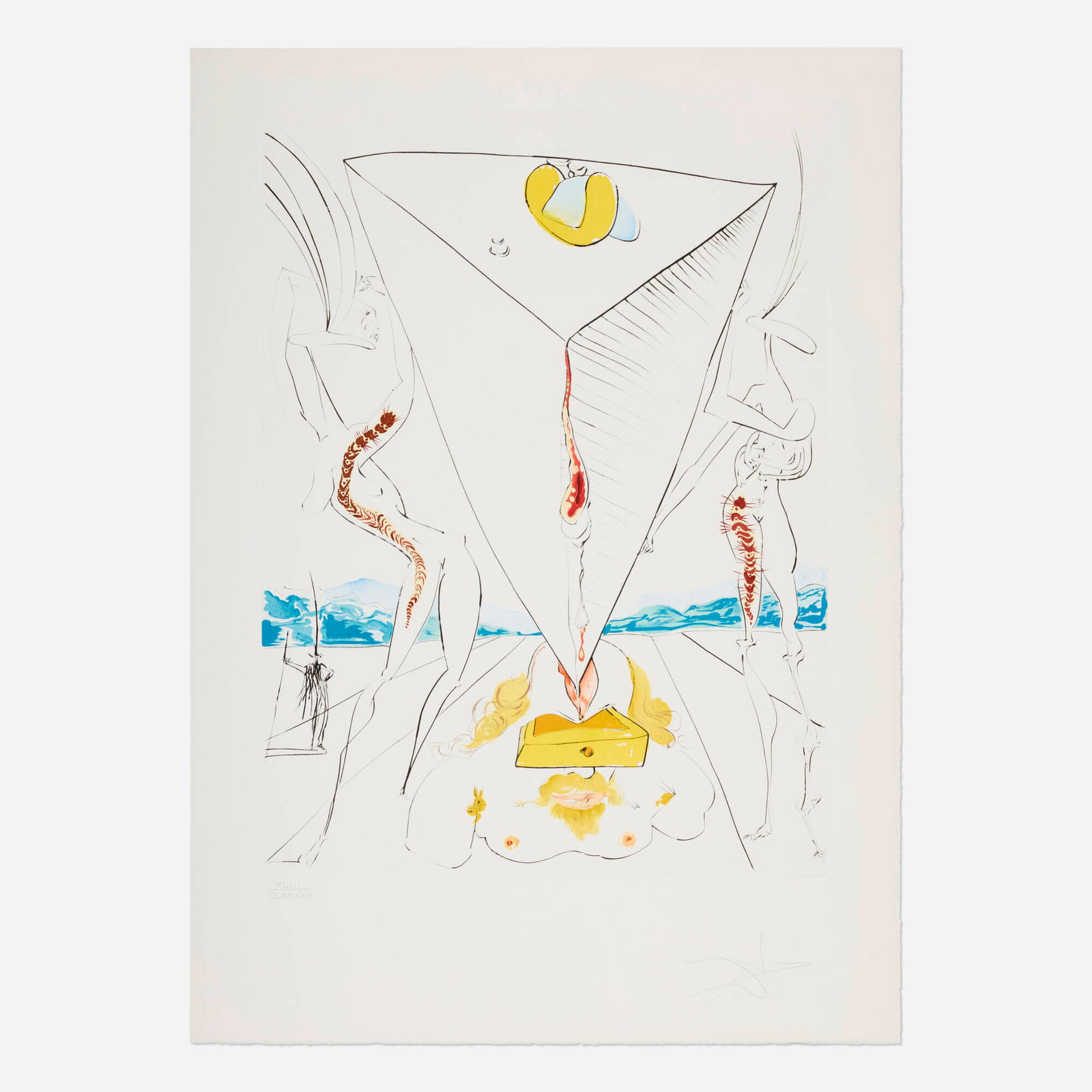Salvador Dali, Philosopher Crushed by the Cosmos (from the Conquest of Cosmos portfolio): Salvador Dali Philosopher Crushed by the Cosmos (from the Conquest of Cosmos portfolio) 1974 etching with pochoir in colors and embossing on BFK Rives image: 29.5 h x 22 w in (75 x 56 cm) sheet: 39.5 