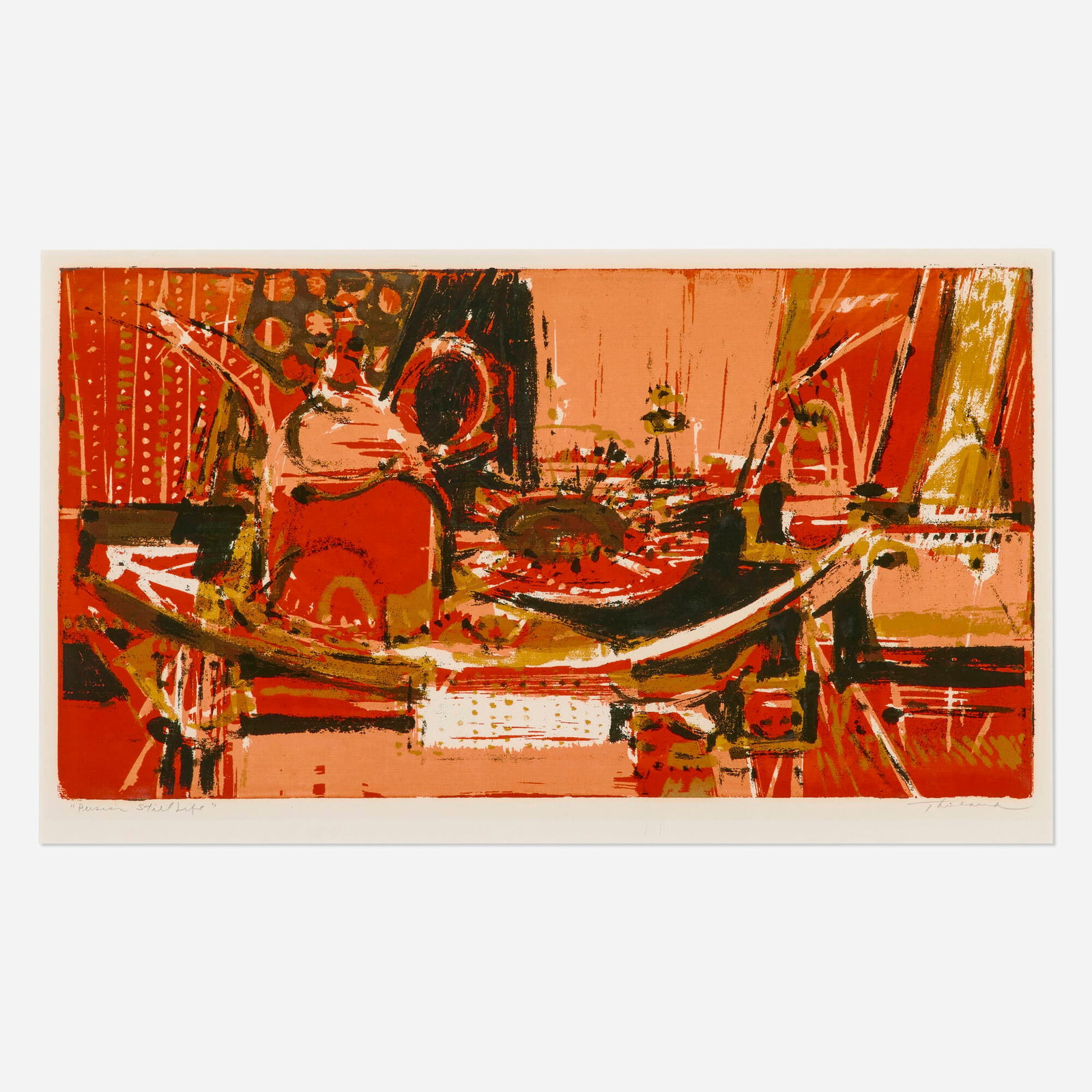 Wayne Thiebaud, Persian Still Life: Wayne Thiebaud Persian Still Life 1956 screenprint in colors image: 12 h x 22.125 w in (30 x 56 cm) sheet: 16 h x 25.125 w in (41 x 64 cm) Signed, titled and numbered to lower edge 'Persian