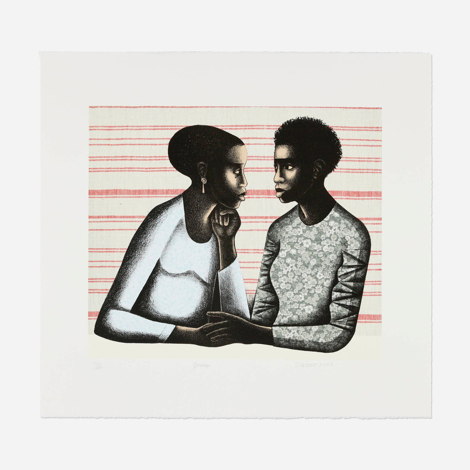 Elizabeth Catlett, Gossip: Elizabeth Catlett Gossip 2005 inkjet and photolithograph in colors on Somerset image: 22.5 h x 25 w in (57 x 63 cm) sheet: 15.5 h x 18 w in (39 x 46 cm) Signed, titled, dated, and numbered to lower