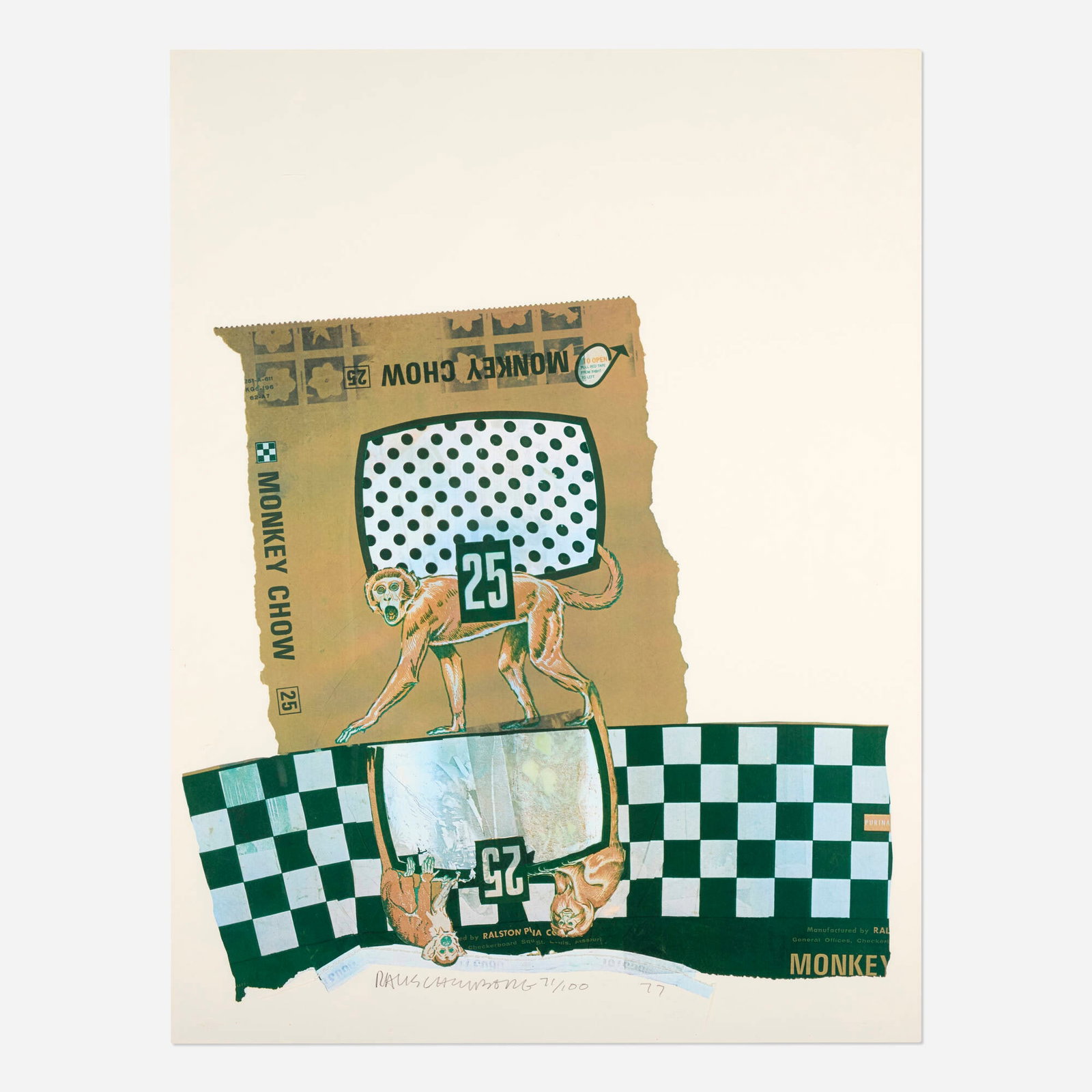 Robert Rauschenberg, Monkey Chow (from the Chow Bags suite): Robert Rauschenberg Monkey Chow (from the Chow Bags suite) 1977 screenprint in colors with collage, graphite and plastic stitching image: 34 h x 34 w in (86 x 86 cm) sheet: 48 h x 36.25 w in (122 x