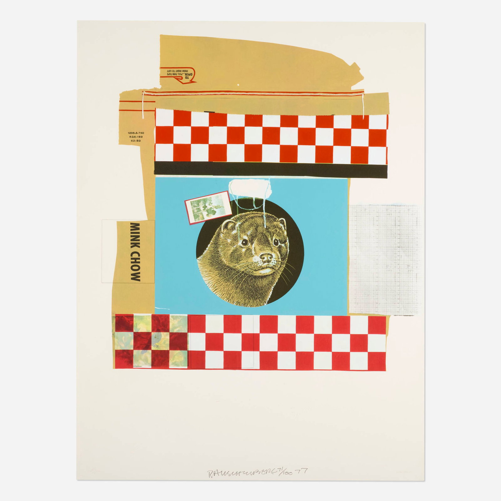 Robert Rauschenberg, Mink Chow (from the Chow Bags series): Robert Rauschenberg Mink Chow (from the Chow Bags series) 1977 screenprint in colors with collage, graphite and plastic stitching image: 35 h x 33.25 w in (89 x 84 cm) sheet: 47.75 h x 36.25 w in