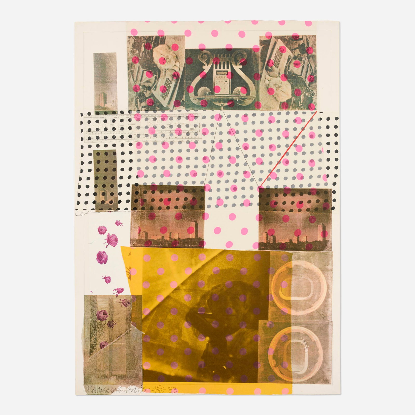 Robert Rauschenberg, Cage: Robert Rauschenberg Cage 1983 screenprint in colors, silk collage, plastic ruler 41.5 h x 21.5 w in (105 x 55 cm) Signed, dated, and numbered to lower edge 'Rauschenberg 115/125 83' with