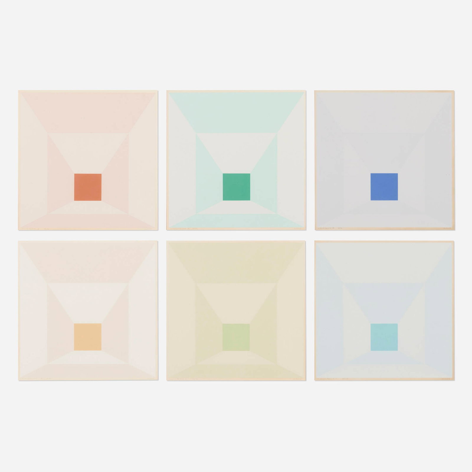 Josef Albers, Six works (from the Mitered Square portfolio): Josef Albers Six works (from the Mitered Square portfolio) 1976 screenprint in colors on Arches 88 image: 11.25 h x 11.25 w in (29 x 29 cm) sheet: 19 h x 19 w in (48 x 48 cm) Signed, titled, and