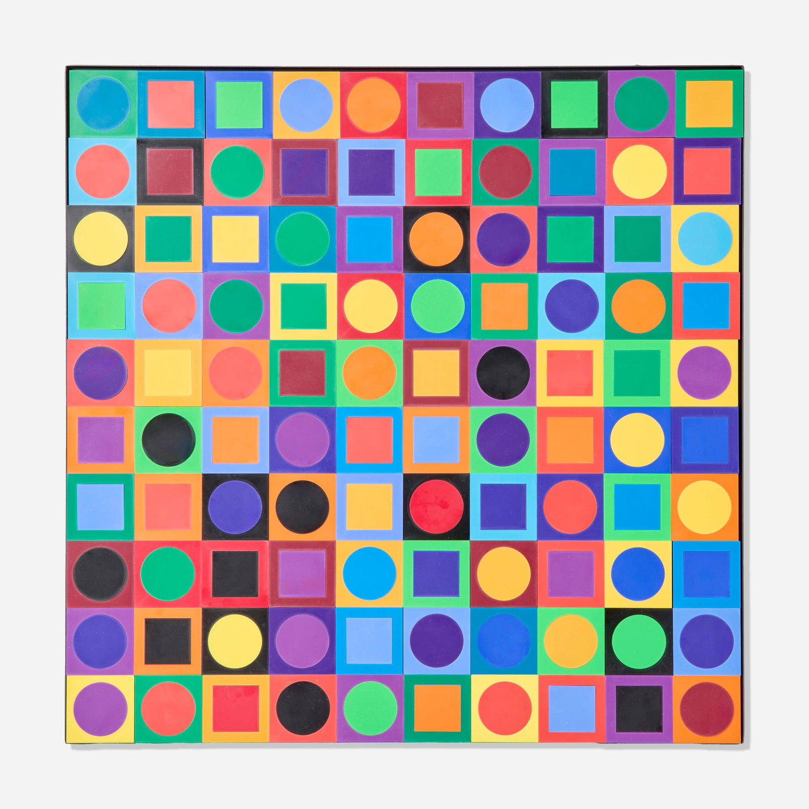 Victor Vasarely, Planetary Folklore Participations No. 1: Victor Vasarely Planetary Folklore Participations No. 1 1969 plastic, enameled steel, magnets 20 h x 20 w in (51 x 51 cm) Signed and numbered to publisher's label on verso '190