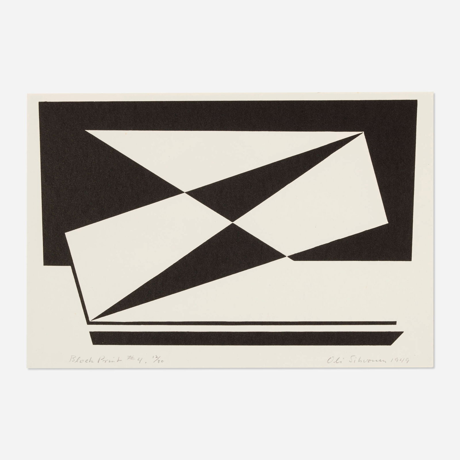 Oli Sihvonen, Block Print #4: Oli Sihvonen Block Print #4 1949 block print image: 7.375 h x 11 w in (19 x 28 cm) sheet: 11 h x 16.375 w in (28 x 42 cm) Signed, titled, dated, and numbered to lower edge 'Block Print #4 12/30